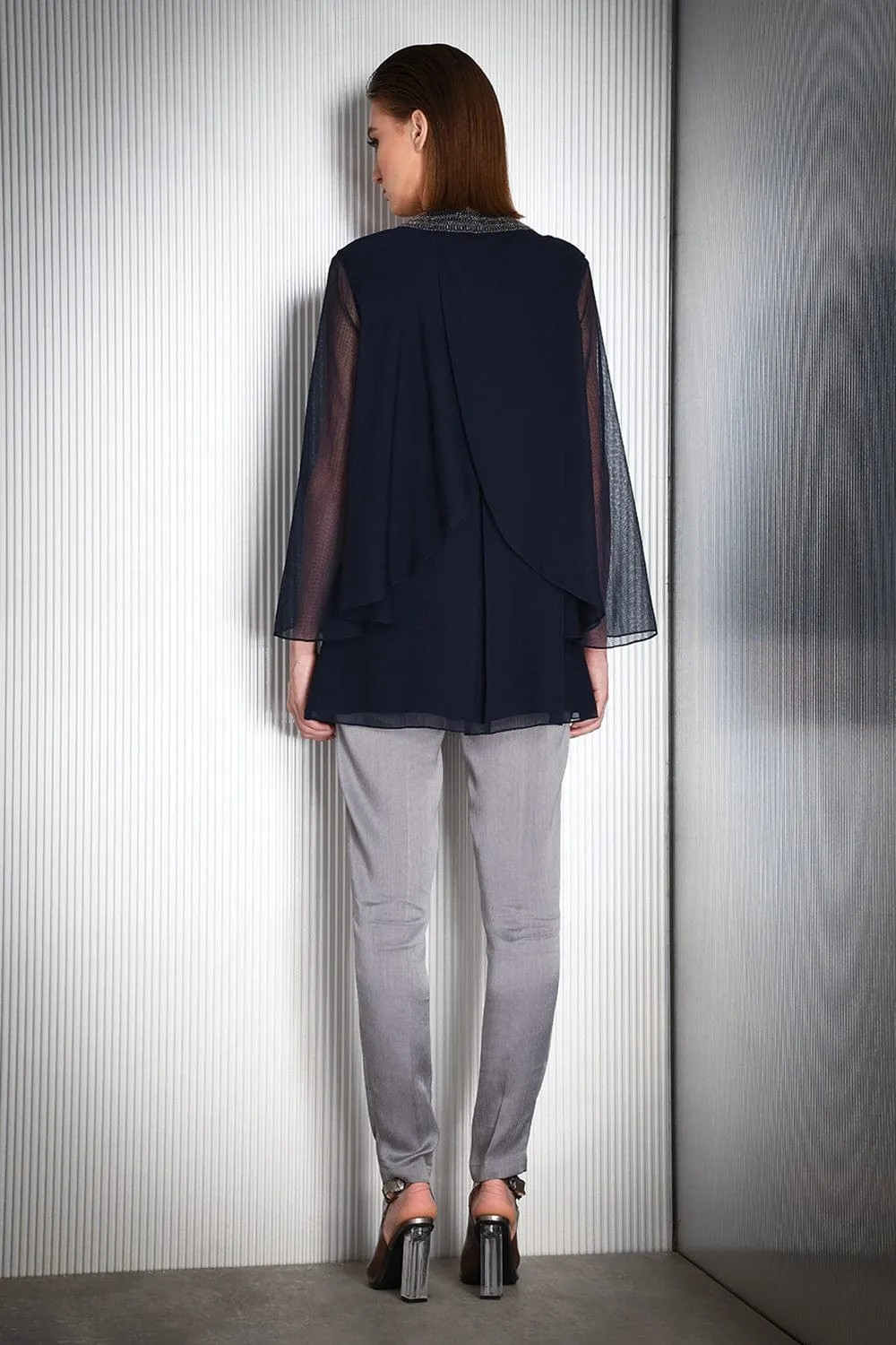 Flowy Chiffon Top With Crystal Embellished Lapel Fastened With Drawstring