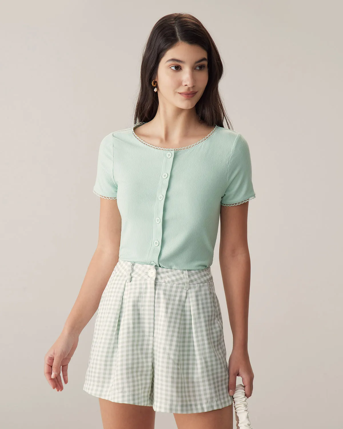 Green Round Neck Button Slim Tee