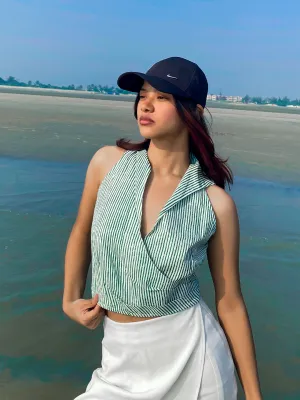 Green Stripes Slim Fit Crop Top