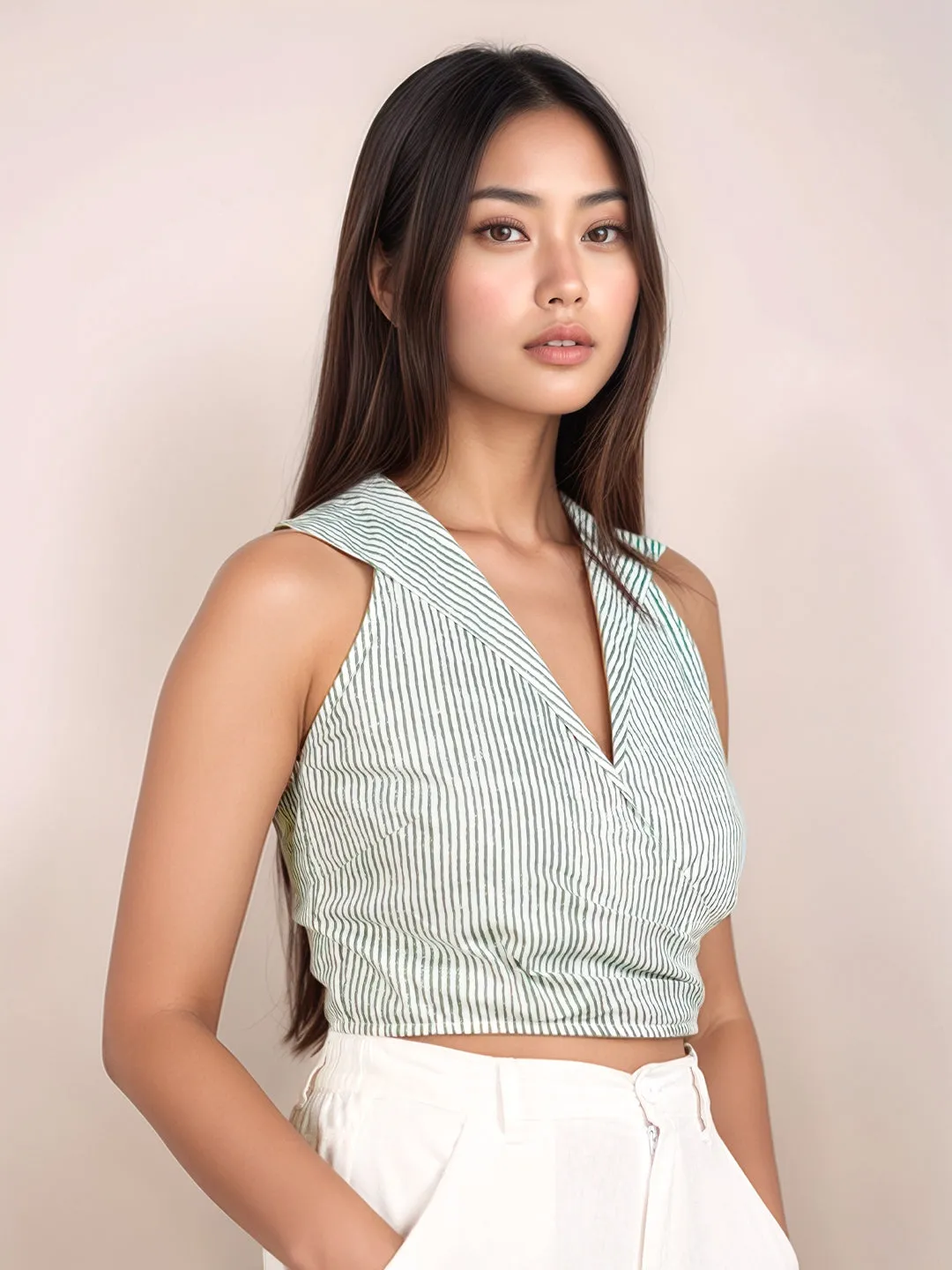 Green Stripes Slim Fit Crop Top