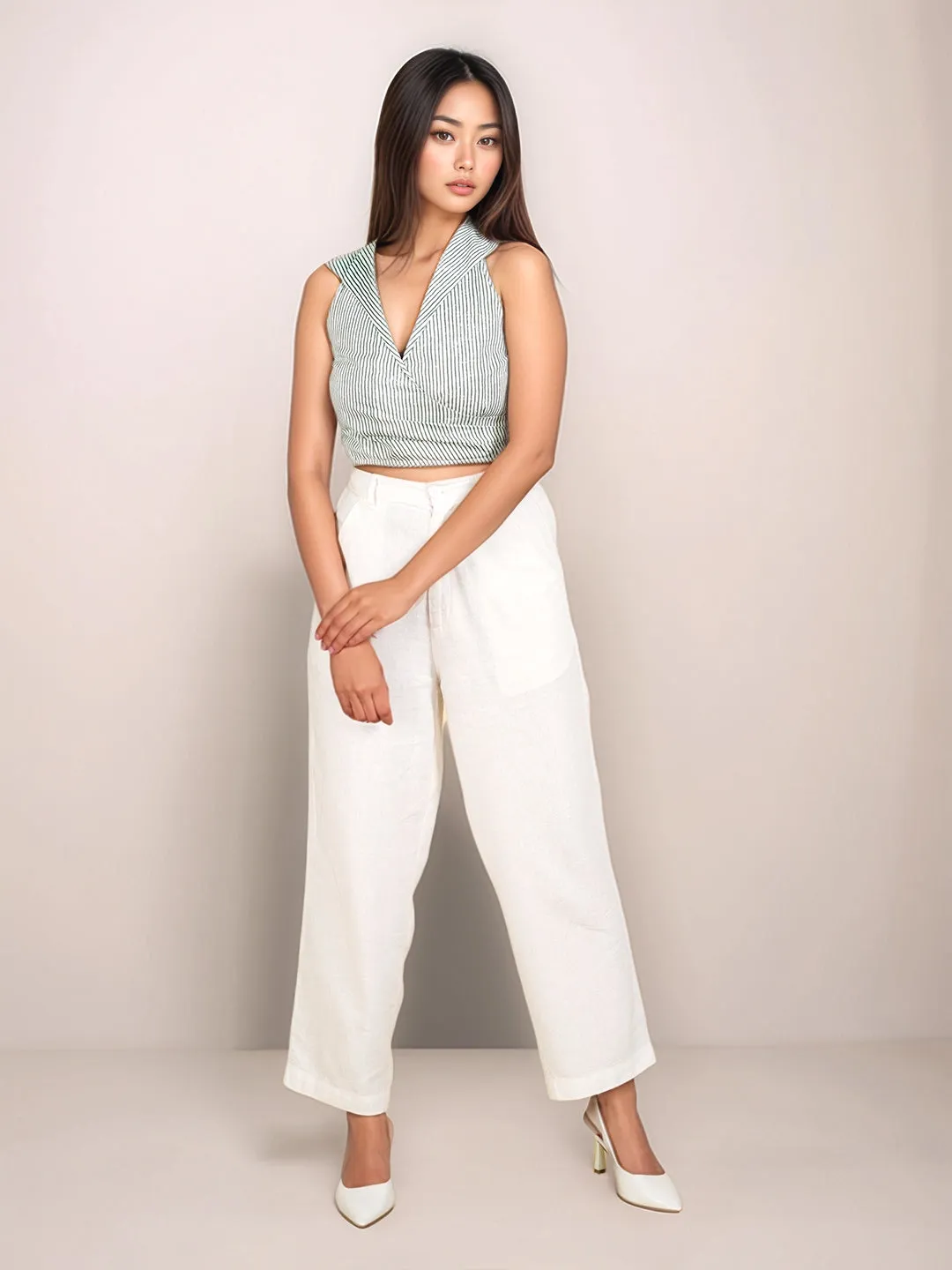 Green Stripes Slim Fit Crop Top