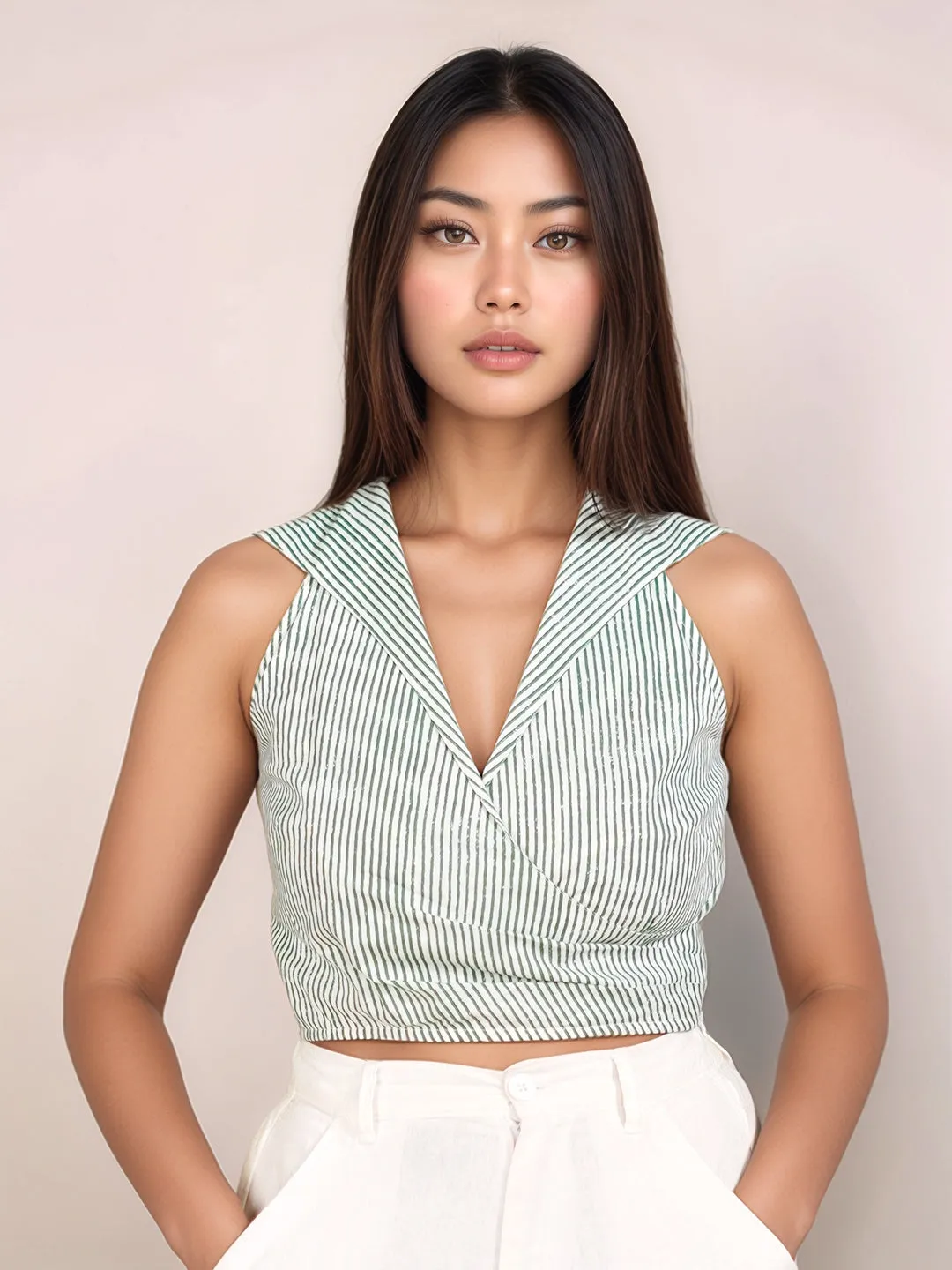 Green Stripes Slim Fit Crop Top