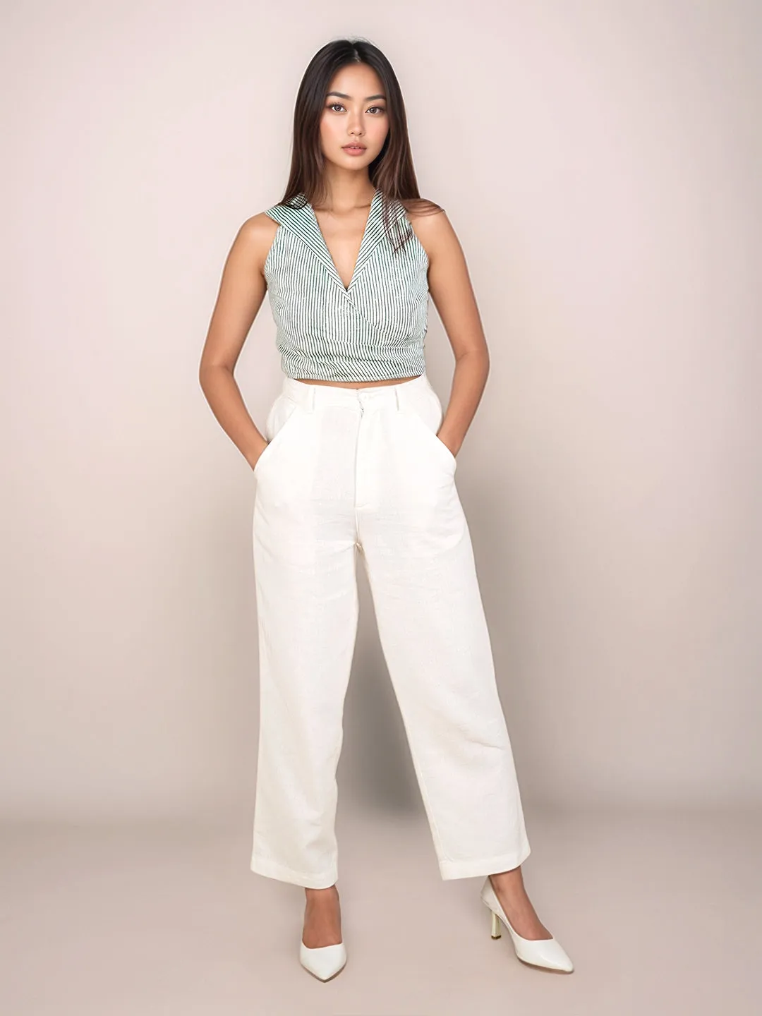 Green Stripes Slim Fit Crop Top
