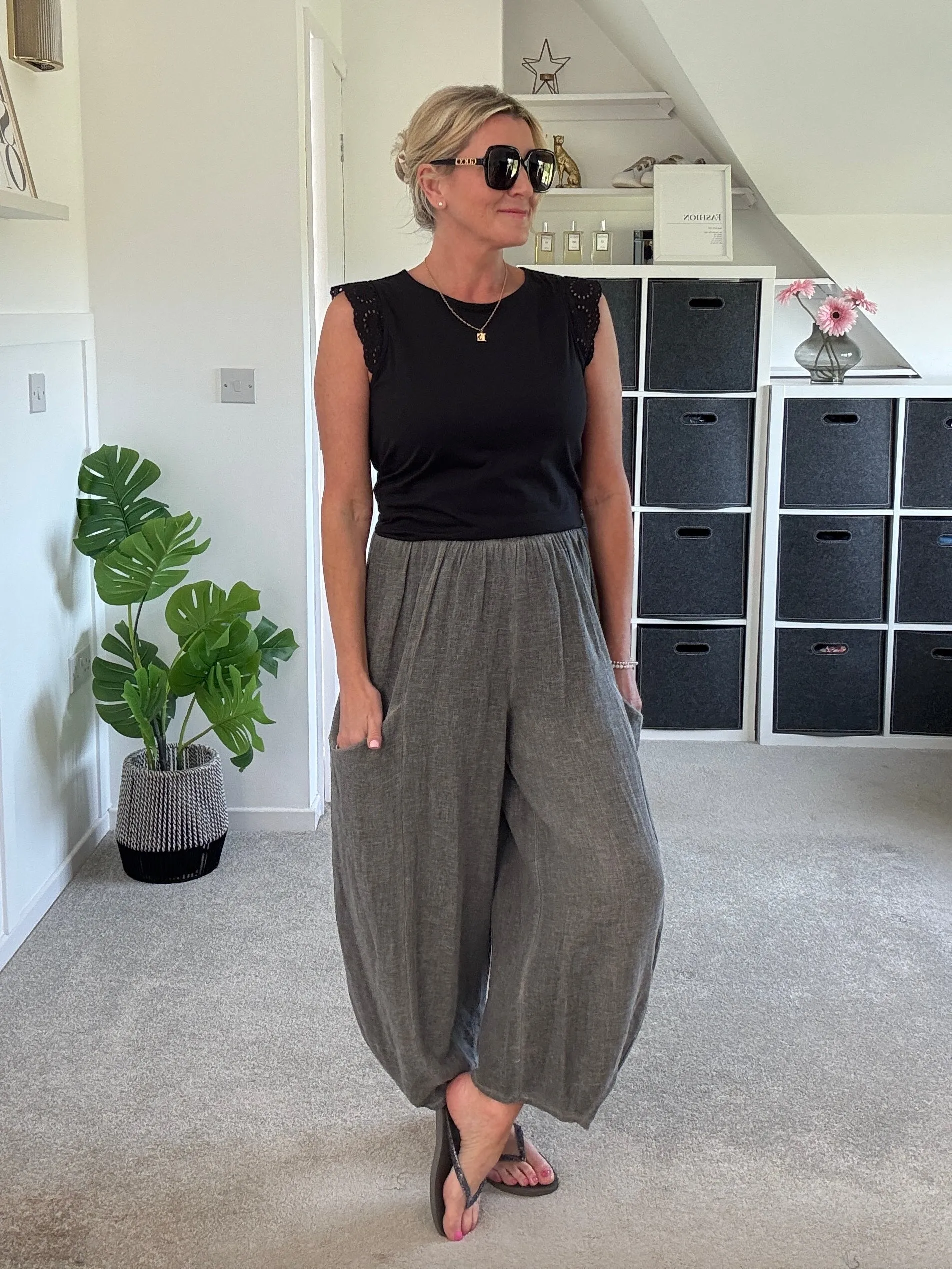 Grey Washed Linen Barrel Pocket Trousers
