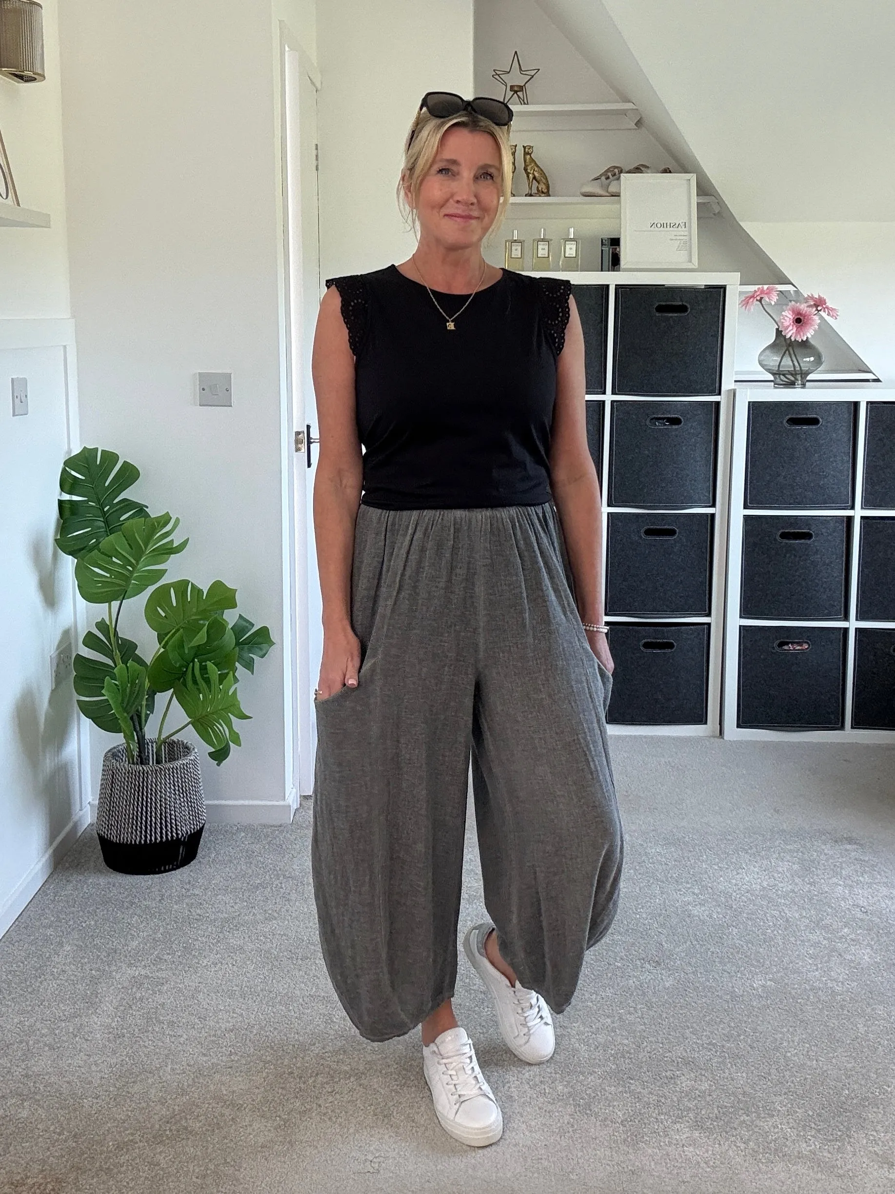 Grey Washed Linen Barrel Pocket Trousers