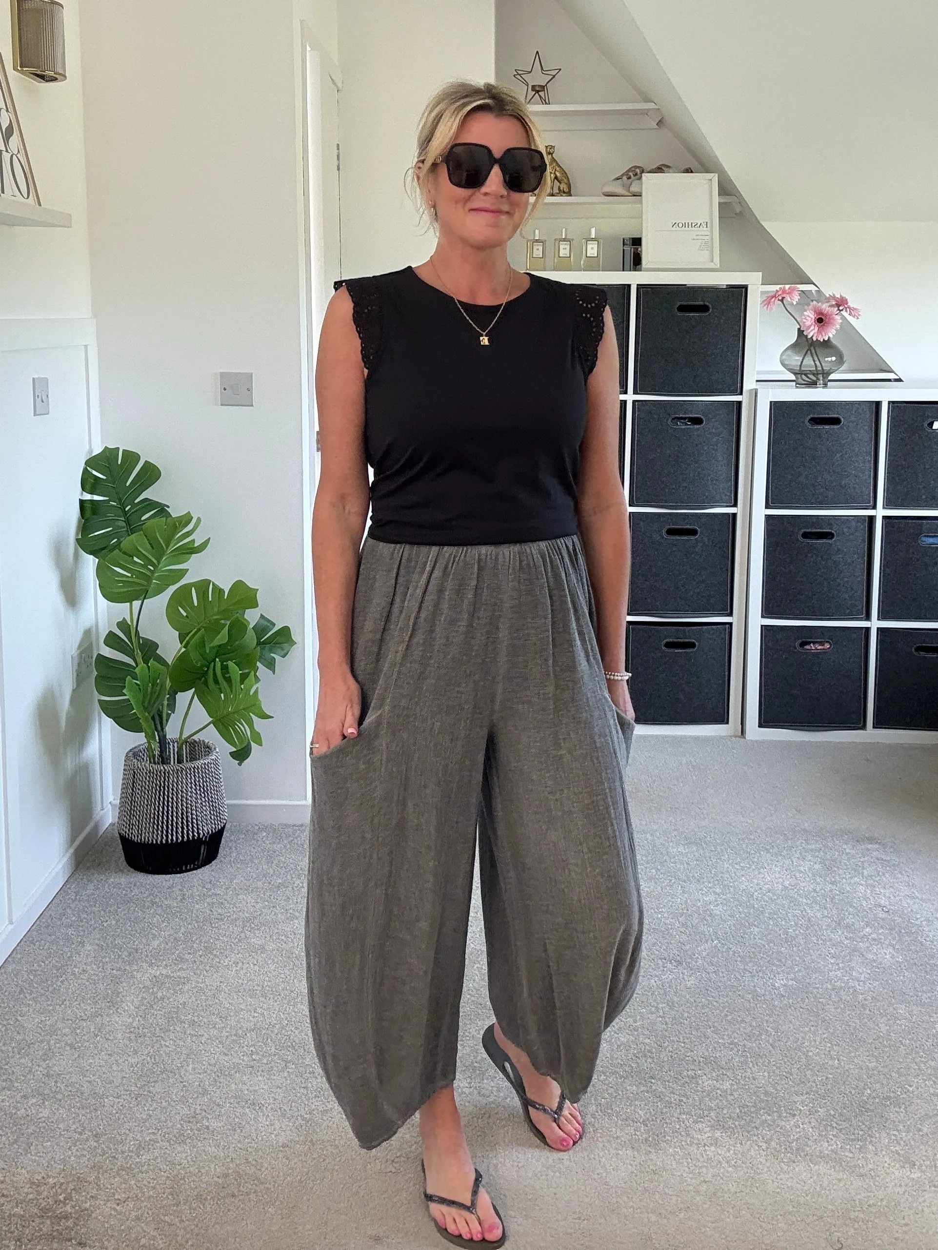 Grey Washed Linen Barrel Pocket Trousers