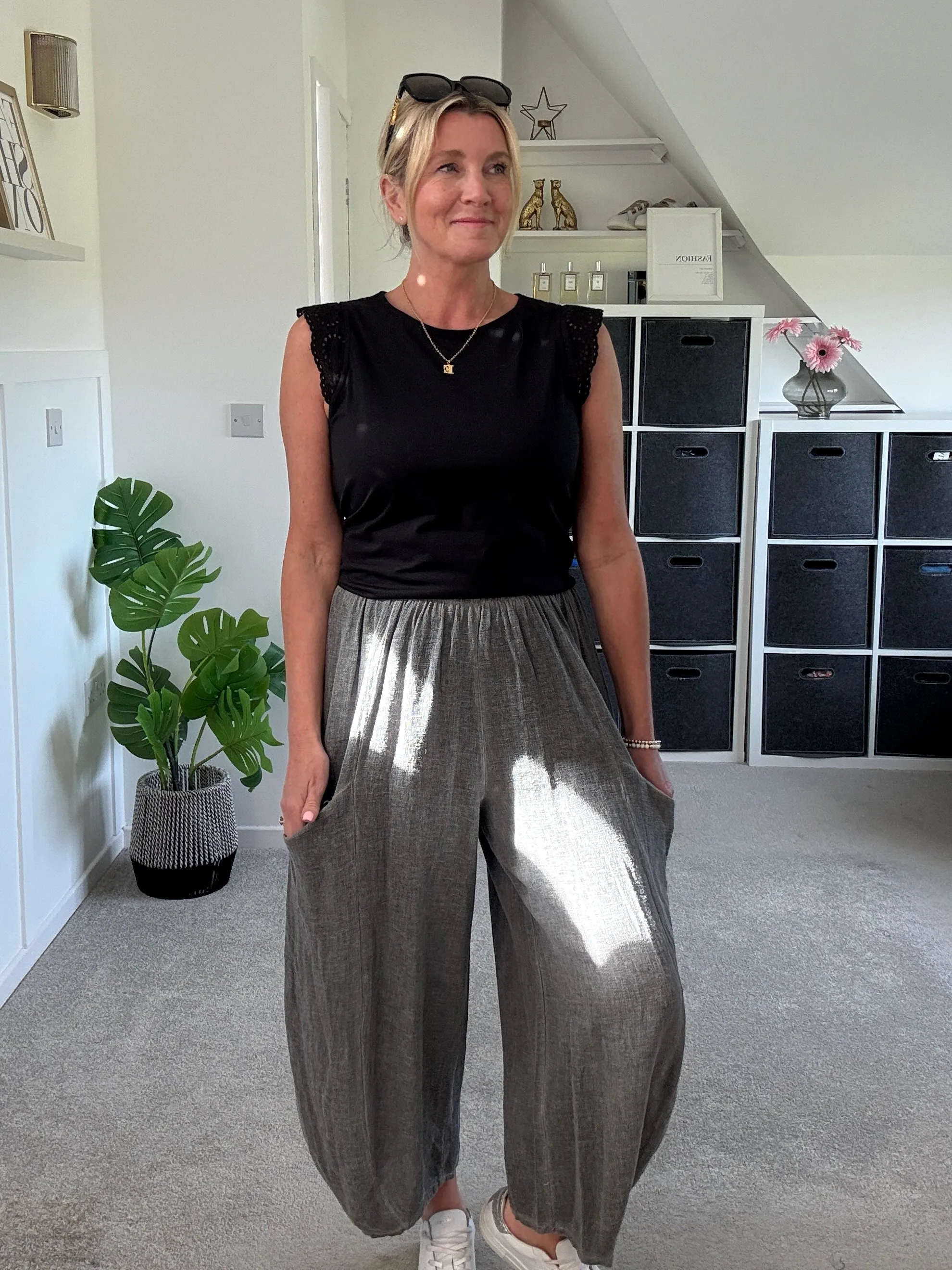 Grey Washed Linen Barrel Pocket Trousers