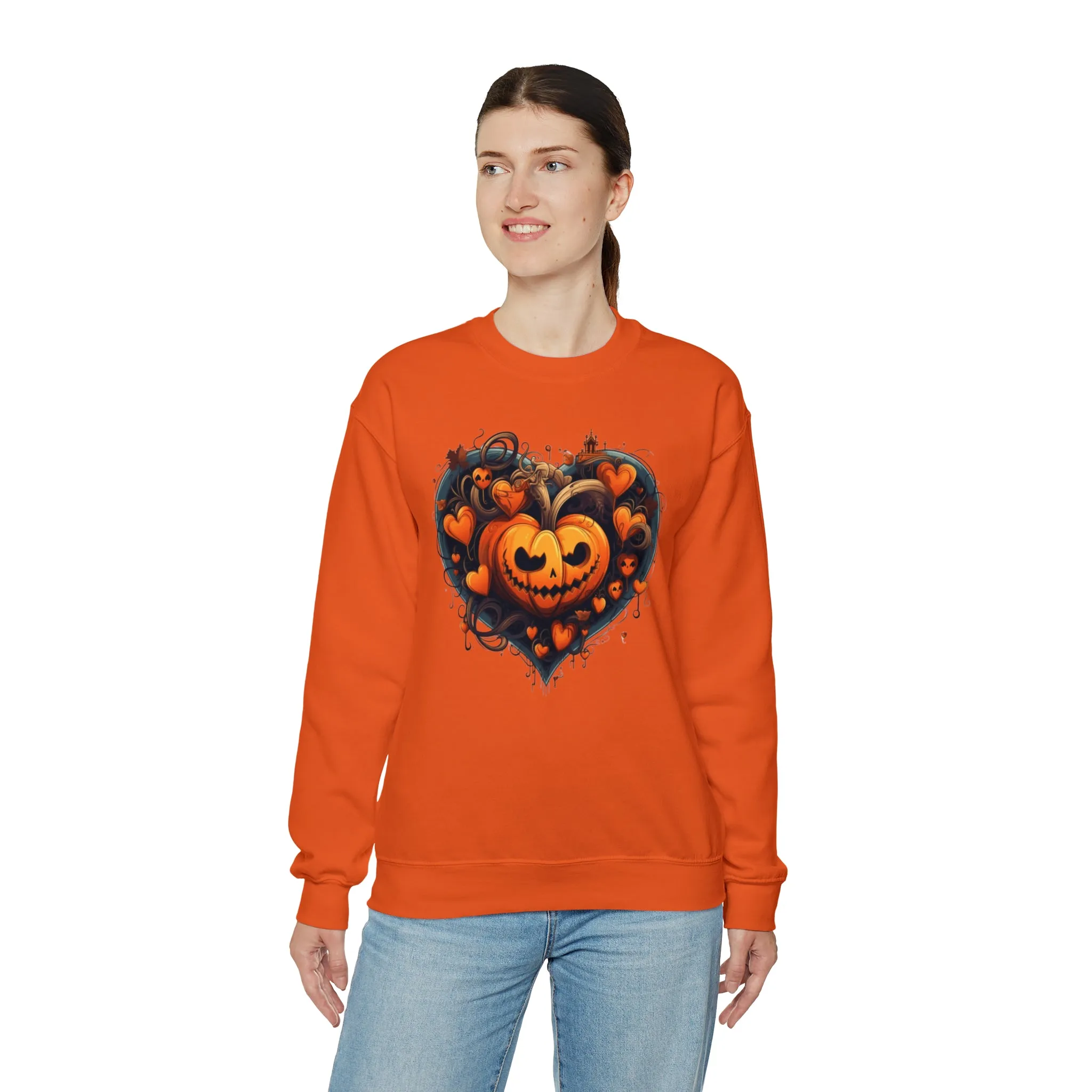 Halloween Heart Pumpkin Sweatshirt, Haunted Ghost Pullover, Creepy Halloween Crewneck Sweatshirt, Unisex Heavy Blend Sweatshirt