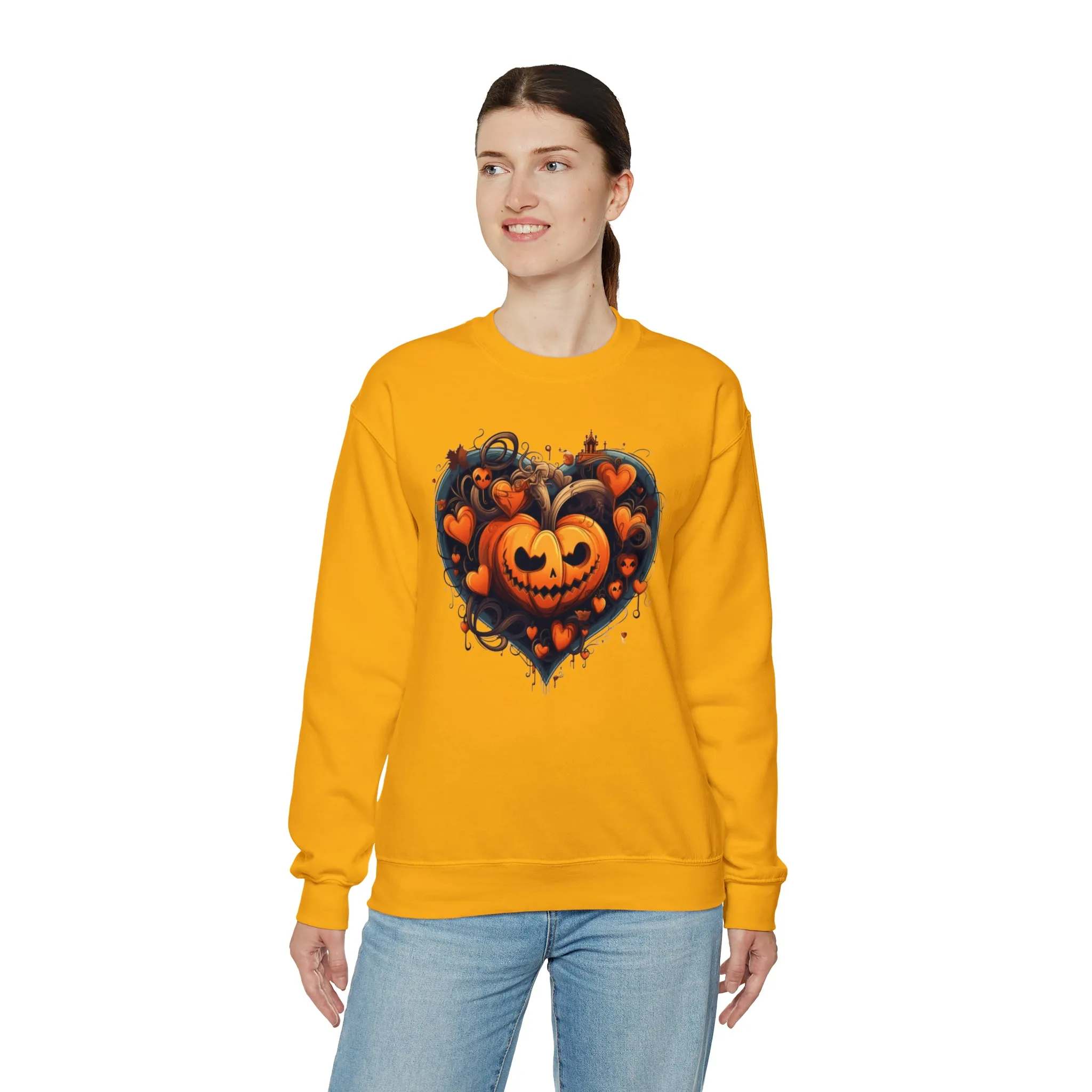 Halloween Heart Pumpkin Sweatshirt, Haunted Ghost Pullover, Creepy Halloween Crewneck Sweatshirt, Unisex Heavy Blend Sweatshirt
