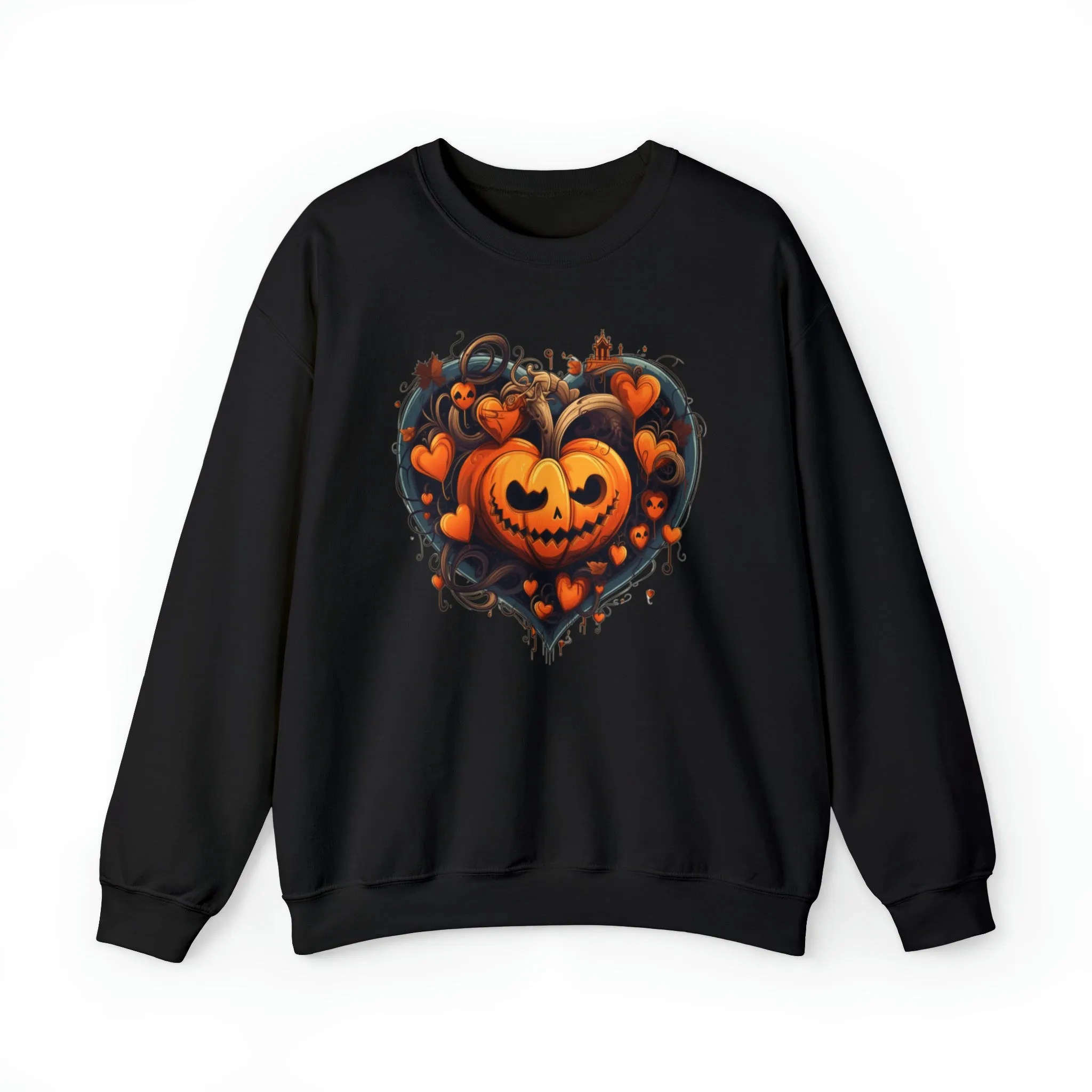 Halloween Heart Pumpkin Sweatshirt, Haunted Ghost Pullover, Creepy Halloween Crewneck Sweatshirt, Unisex Heavy Blend Sweatshirt