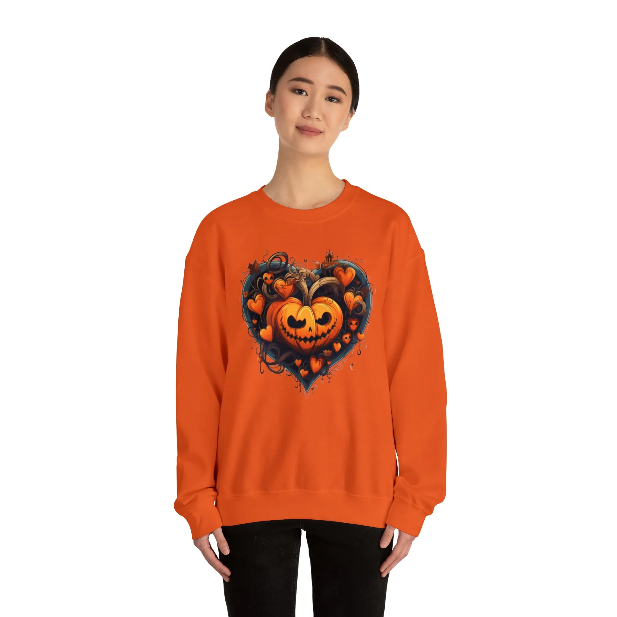 Halloween Heart Pumpkin Sweatshirt, Haunted Ghost Pullover, Creepy Halloween Crewneck Sweatshirt, Unisex Heavy Blend Sweatshirt