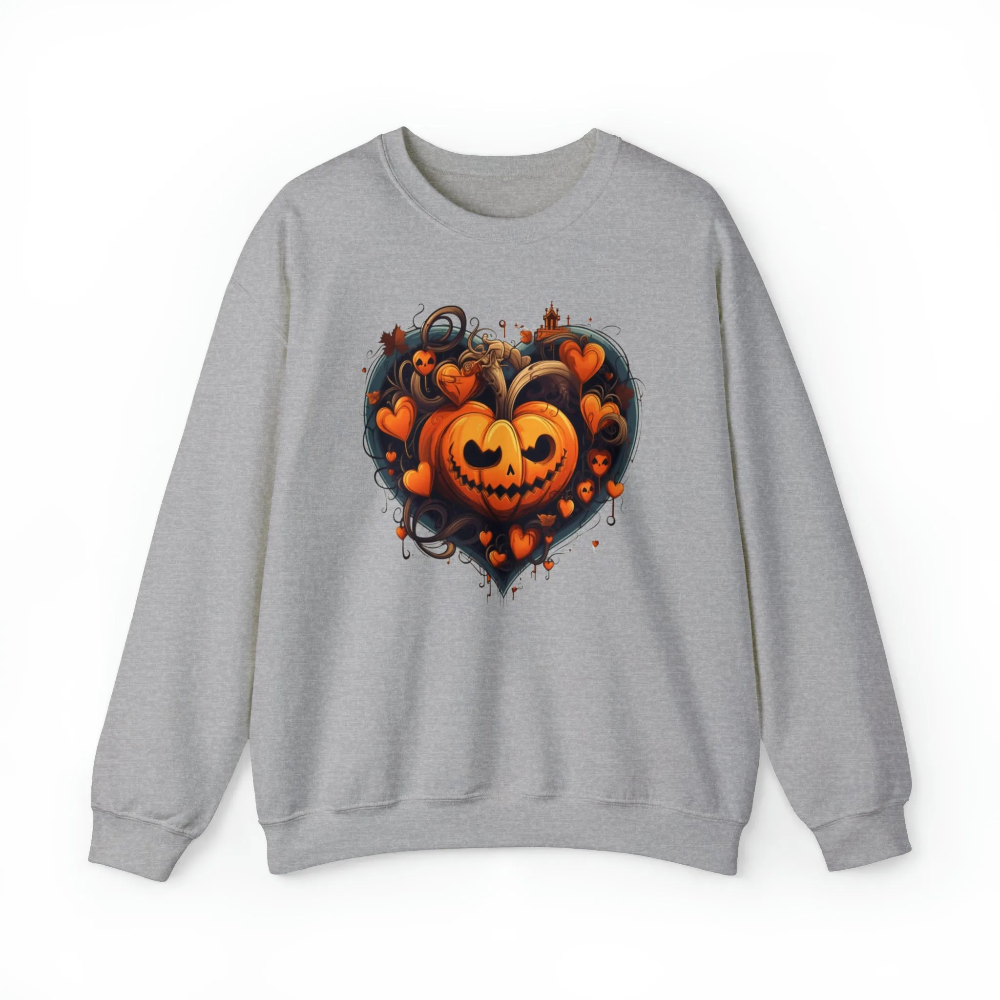 Halloween Heart Pumpkin Sweatshirt, Haunted Ghost Pullover, Creepy Halloween Crewneck Sweatshirt, Unisex Heavy Blend Sweatshirt