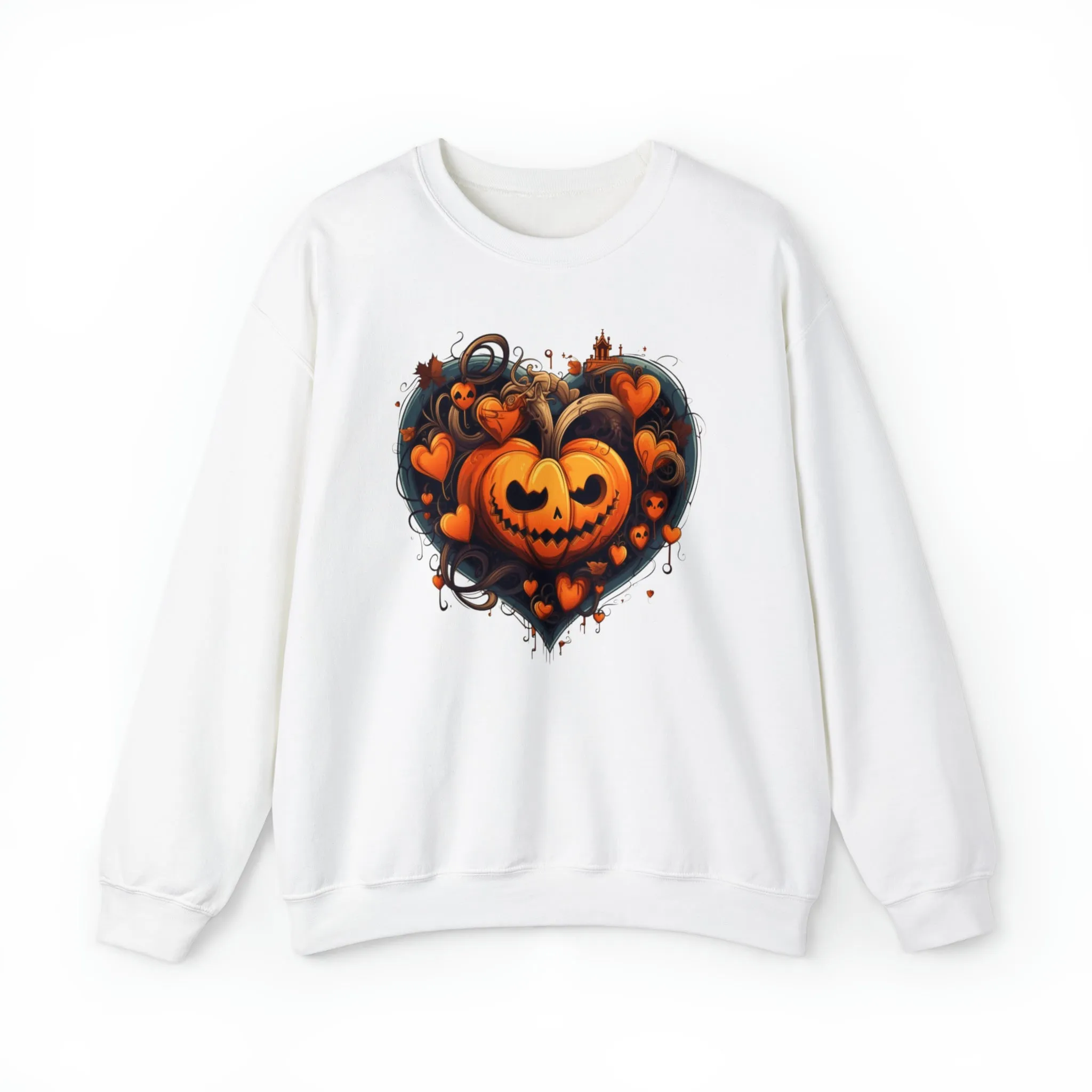 Halloween Heart Pumpkin Sweatshirt, Haunted Ghost Pullover, Creepy Halloween Crewneck Sweatshirt, Unisex Heavy Blend Sweatshirt