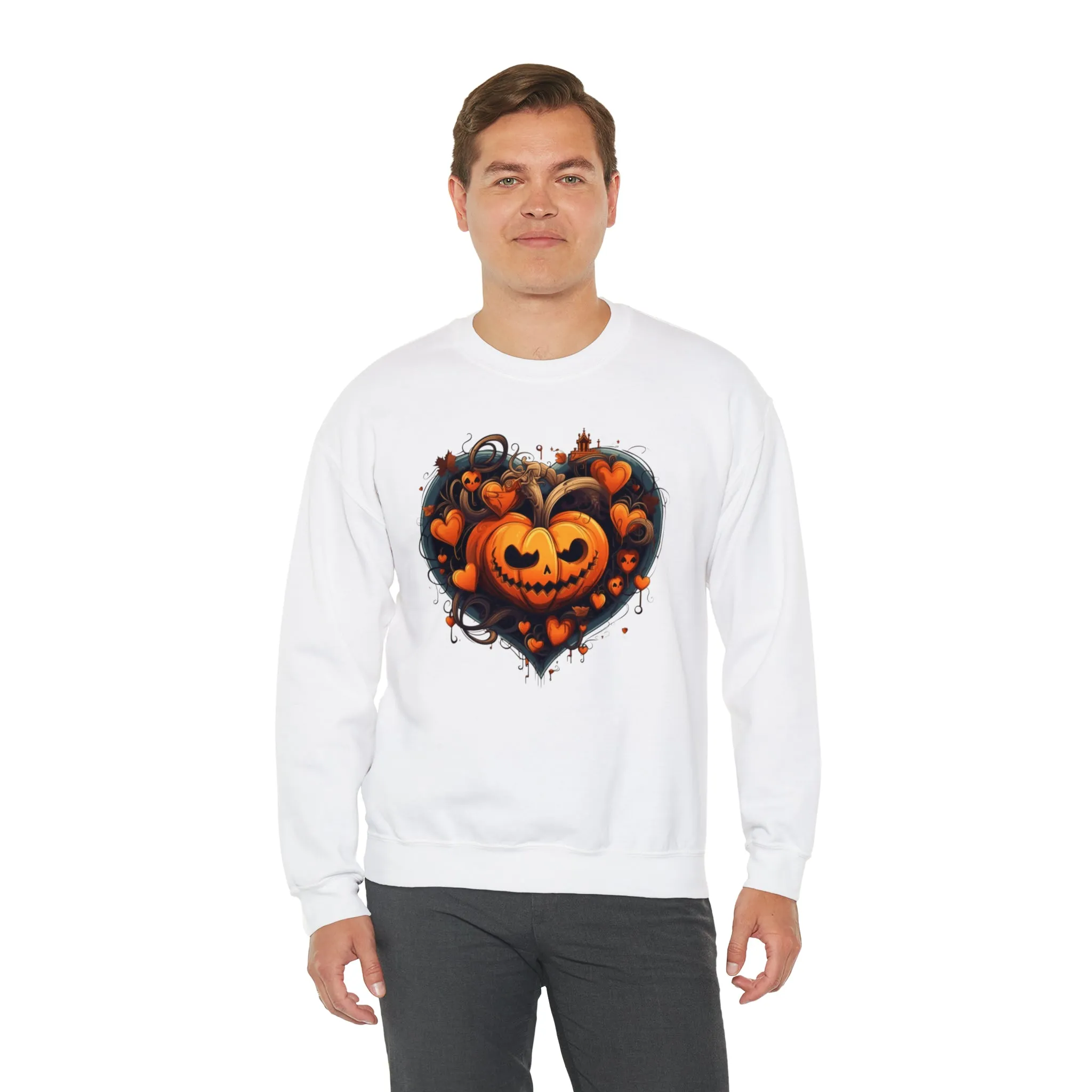 Halloween Heart Pumpkin Sweatshirt, Haunted Ghost Pullover, Creepy Halloween Crewneck Sweatshirt, Unisex Heavy Blend Sweatshirt