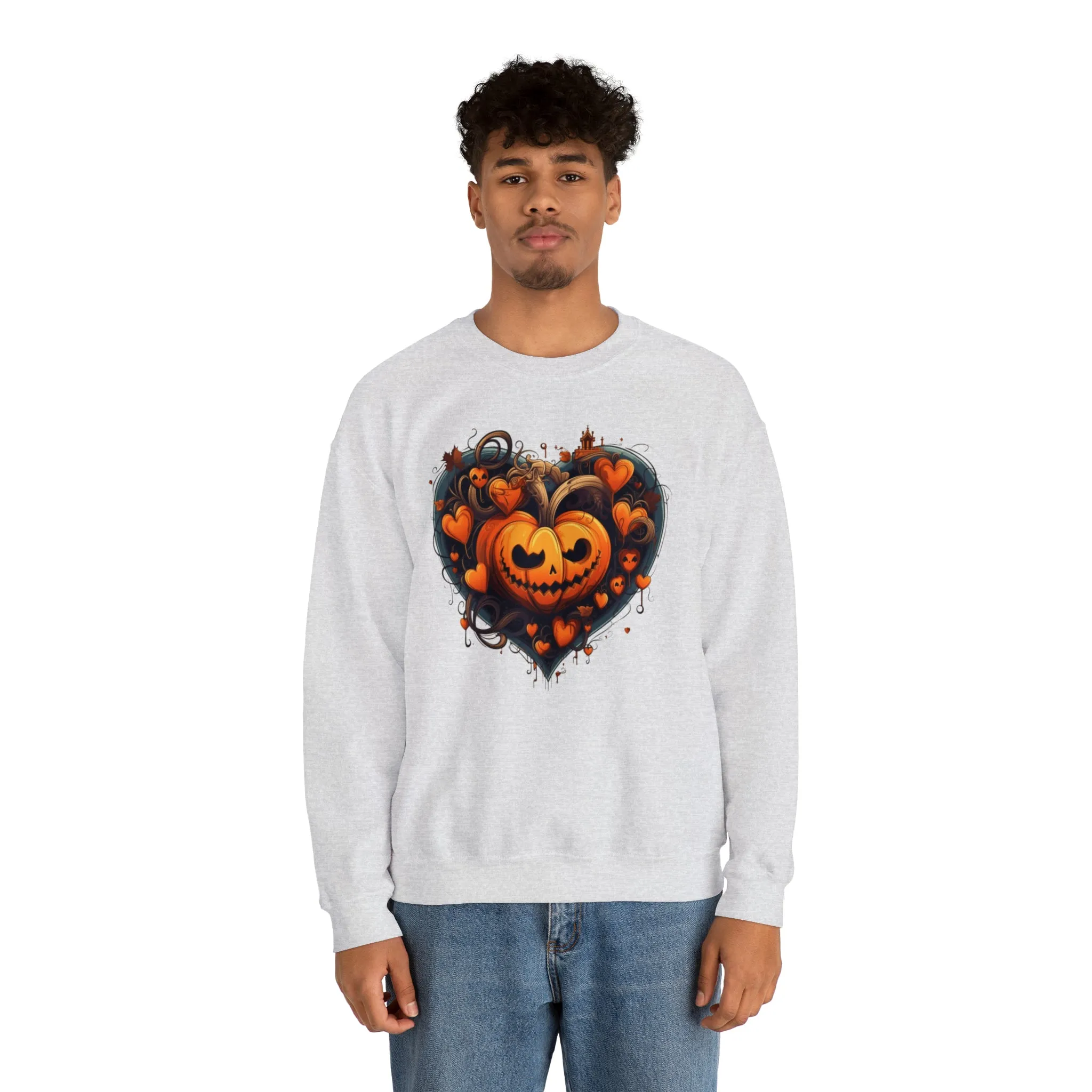 Halloween Heart Pumpkin Sweatshirt, Haunted Ghost Pullover, Creepy Halloween Crewneck Sweatshirt, Unisex Heavy Blend Sweatshirt