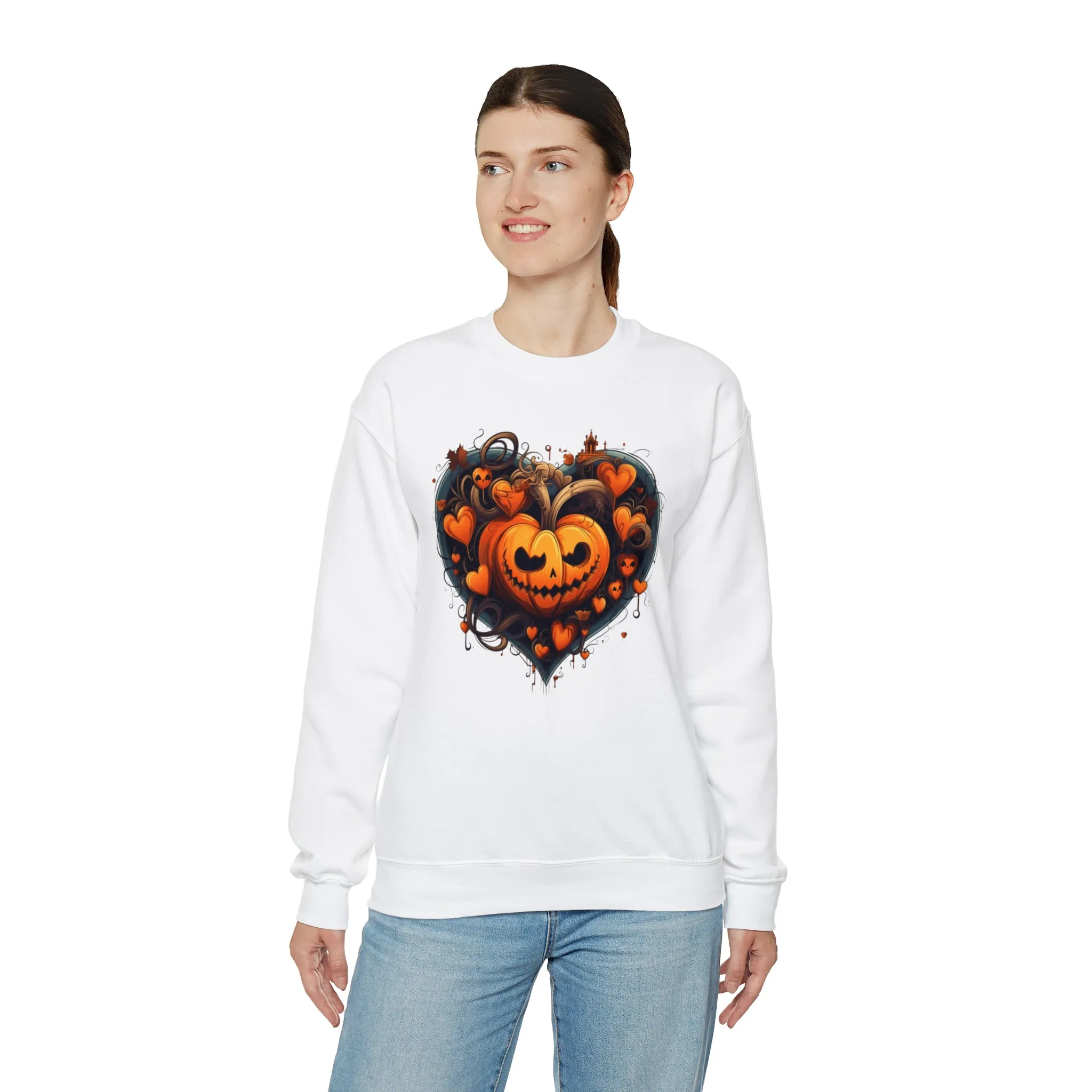 Halloween Heart Pumpkin Sweatshirt, Haunted Ghost Pullover, Creepy Halloween Crewneck Sweatshirt, Unisex Heavy Blend Sweatshirt