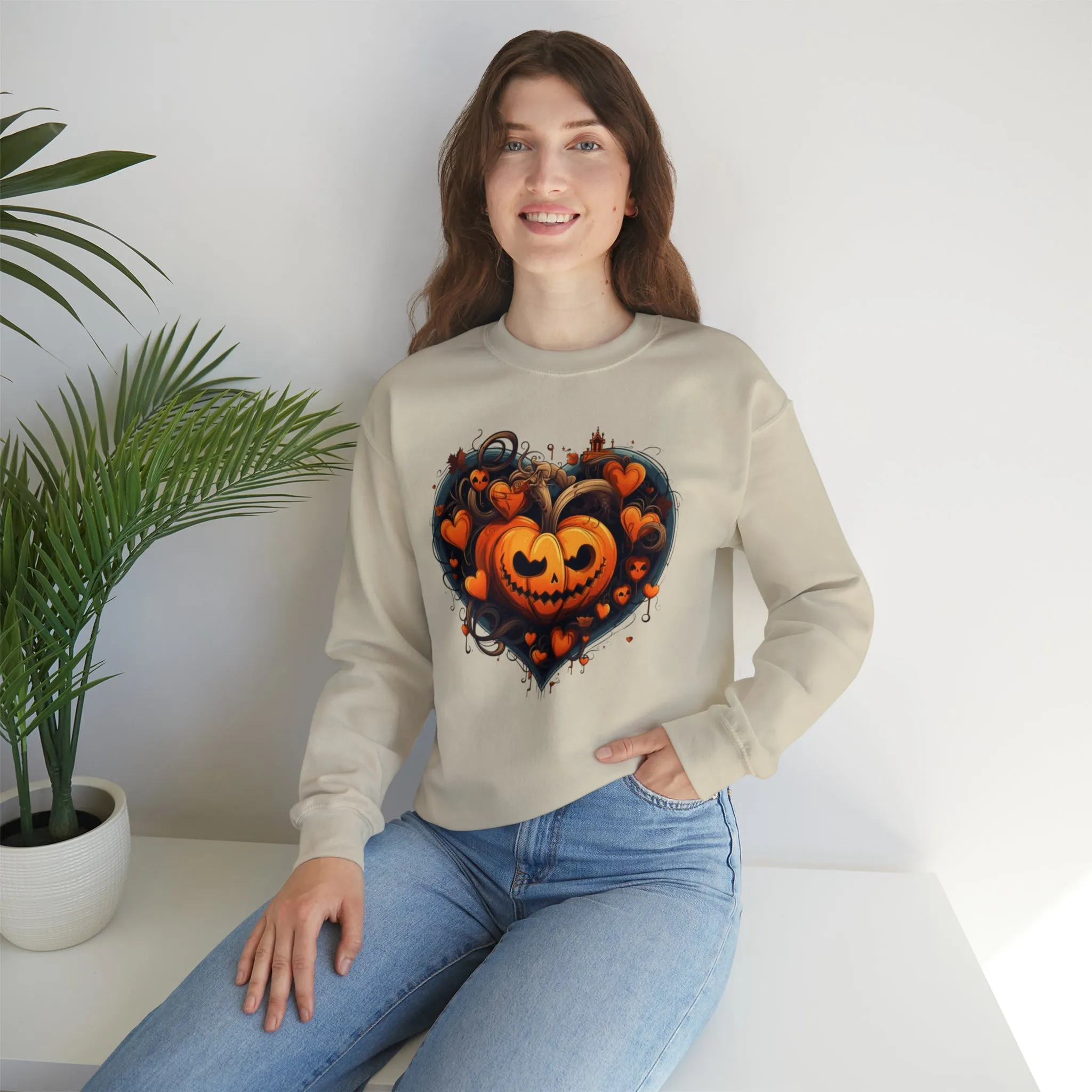 Halloween Heart Pumpkin Sweatshirt, Haunted Ghost Pullover, Creepy Halloween Crewneck Sweatshirt, Unisex Heavy Blend Sweatshirt