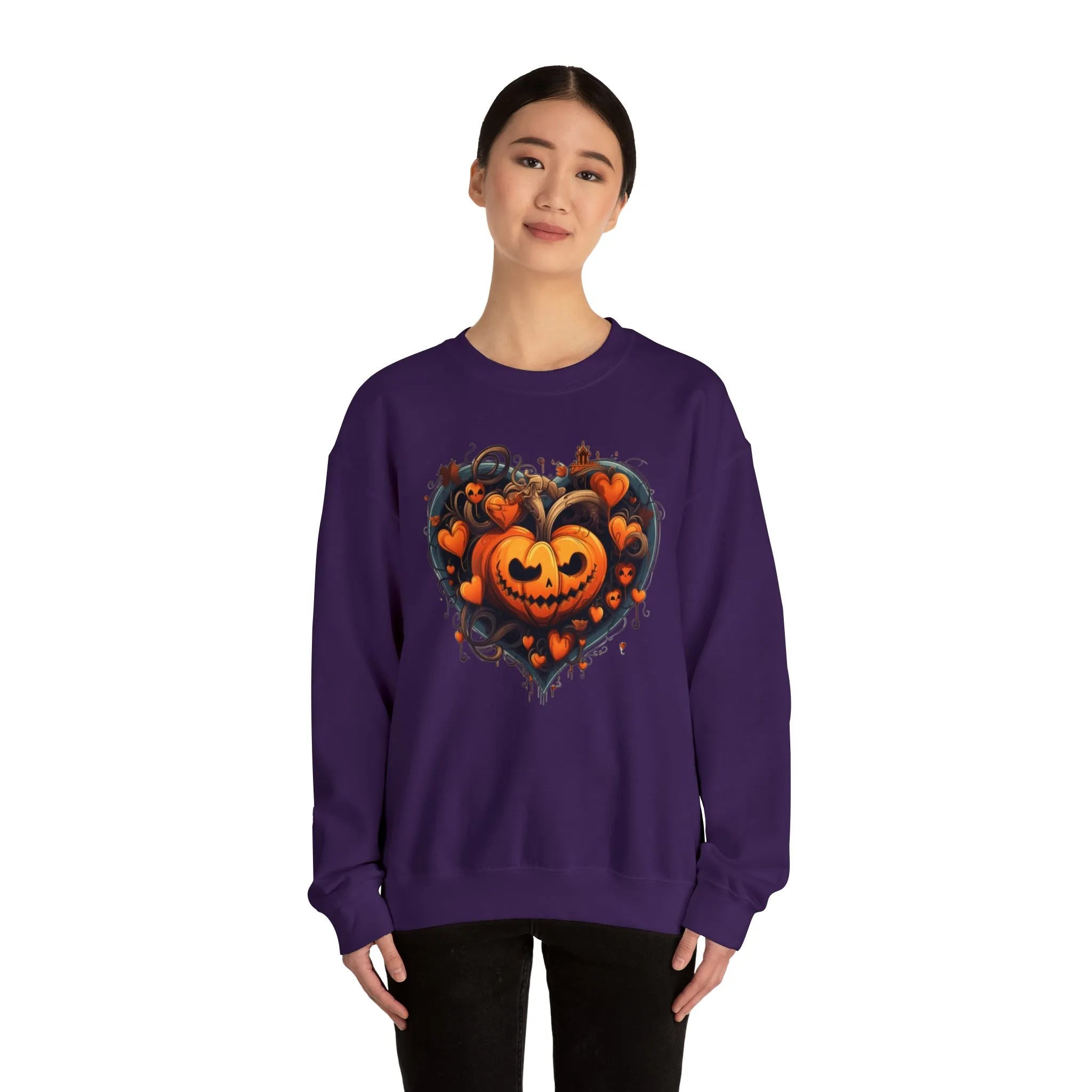 Halloween Heart Pumpkin Sweatshirt, Haunted Ghost Pullover, Creepy Halloween Crewneck Sweatshirt, Unisex Heavy Blend Sweatshirt