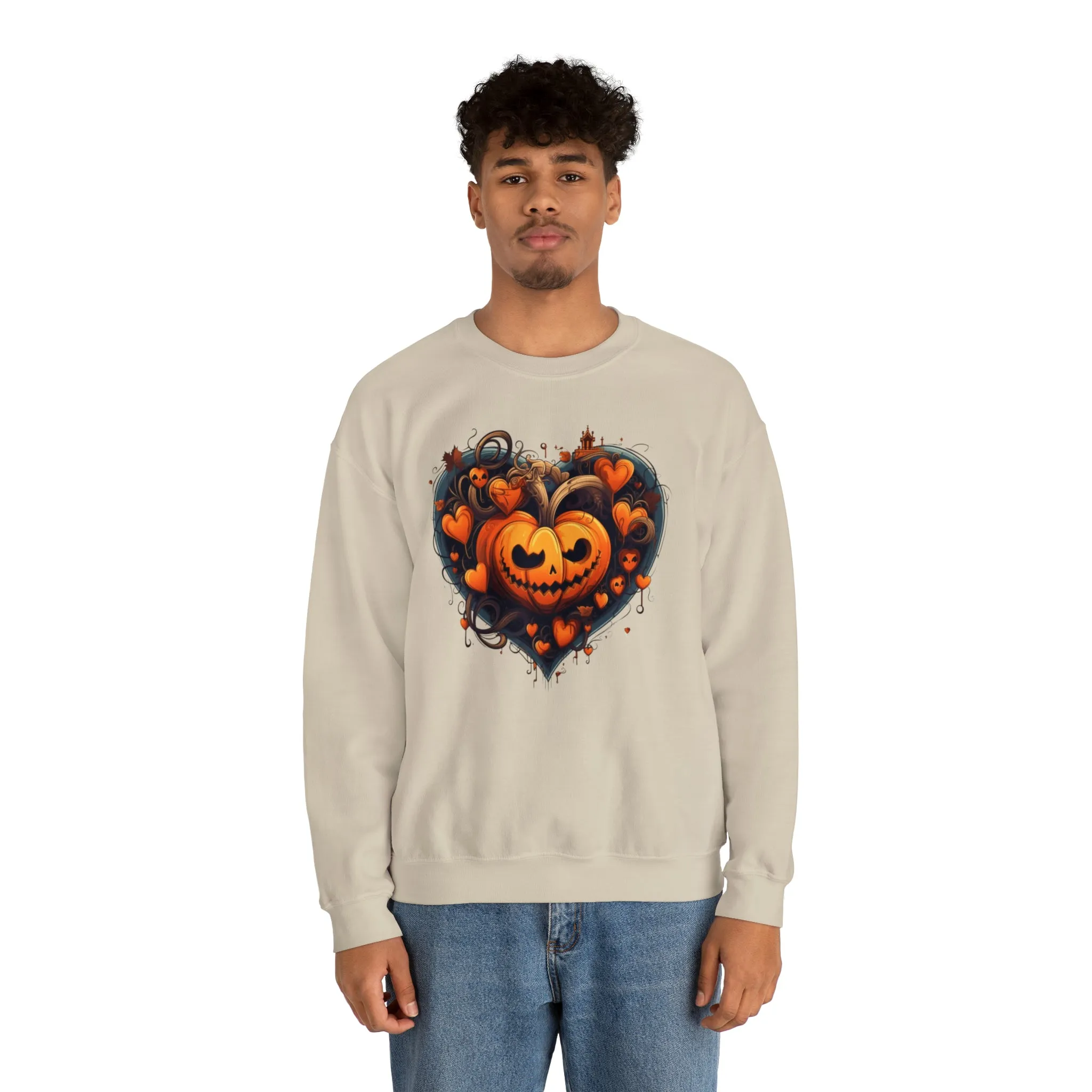 Halloween Heart Pumpkin Sweatshirt, Haunted Ghost Pullover, Creepy Halloween Crewneck Sweatshirt, Unisex Heavy Blend Sweatshirt