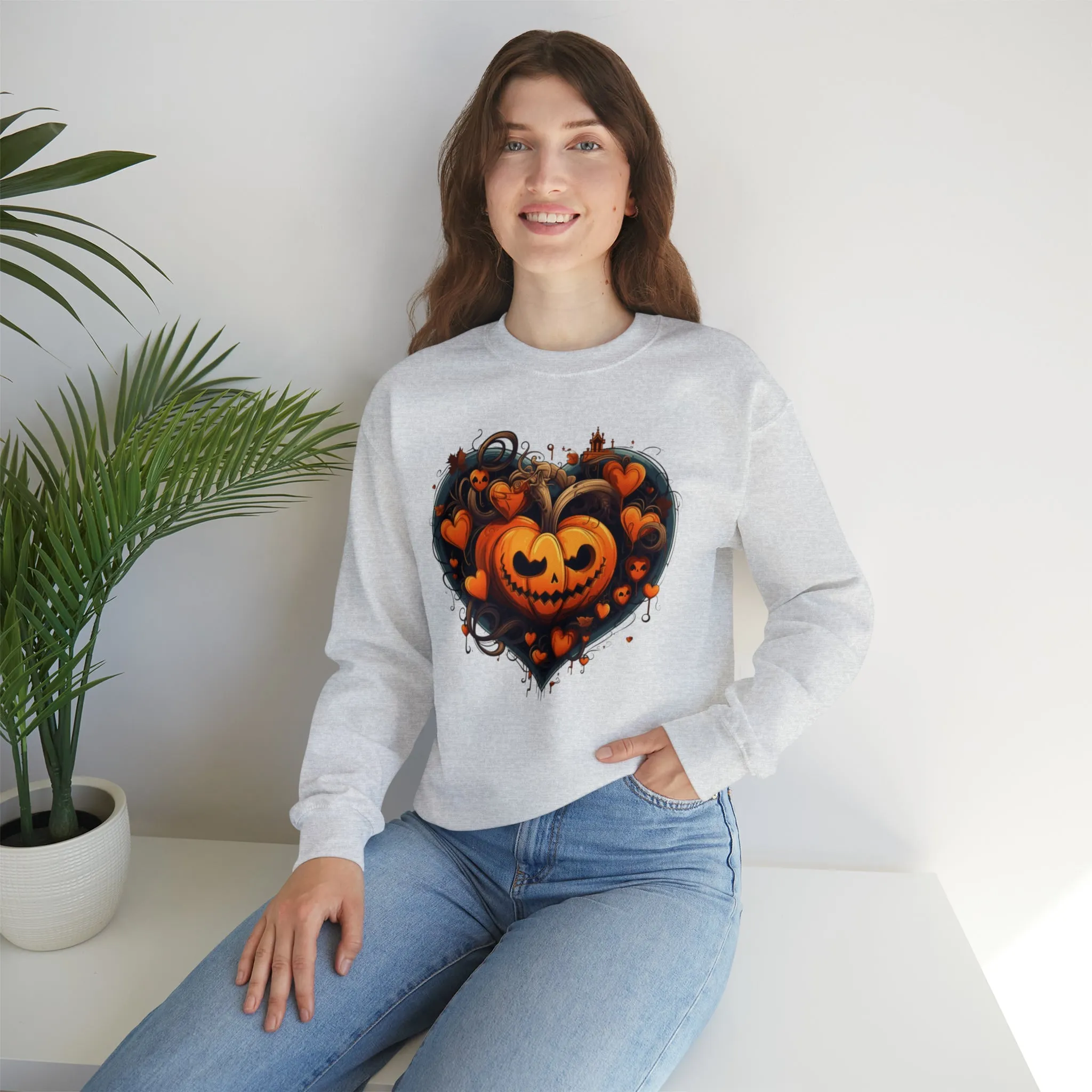 Halloween Heart Pumpkin Sweatshirt, Haunted Ghost Pullover, Creepy Halloween Crewneck Sweatshirt, Unisex Heavy Blend Sweatshirt