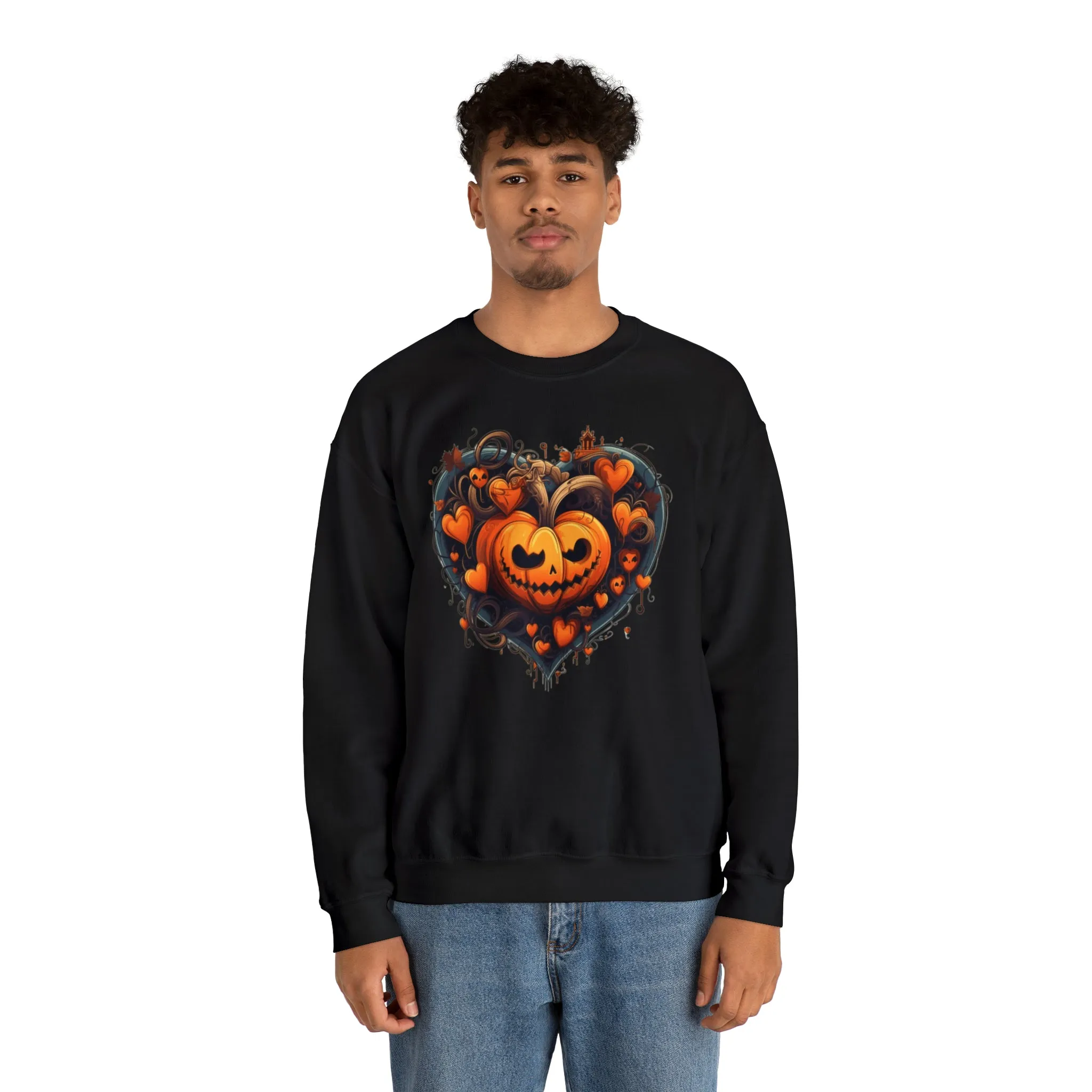Halloween Heart Pumpkin Sweatshirt, Haunted Ghost Pullover, Creepy Halloween Crewneck Sweatshirt, Unisex Heavy Blend Sweatshirt
