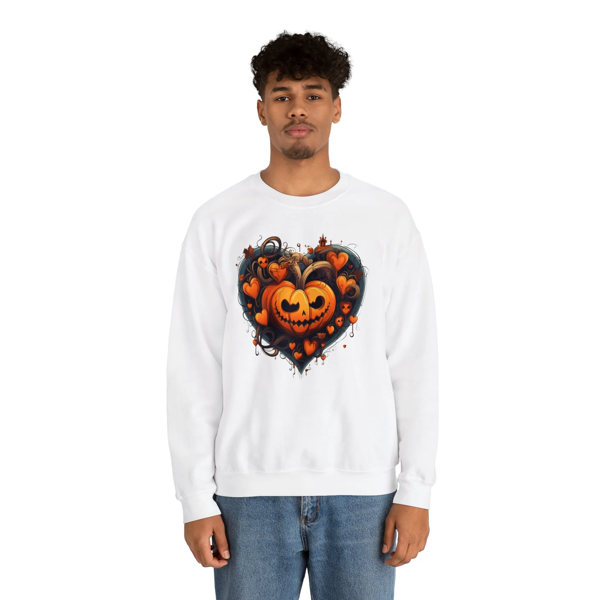 Halloween Heart Pumpkin Sweatshirt, Haunted Ghost Pullover, Creepy Halloween Crewneck Sweatshirt, Unisex Heavy Blend Sweatshirt