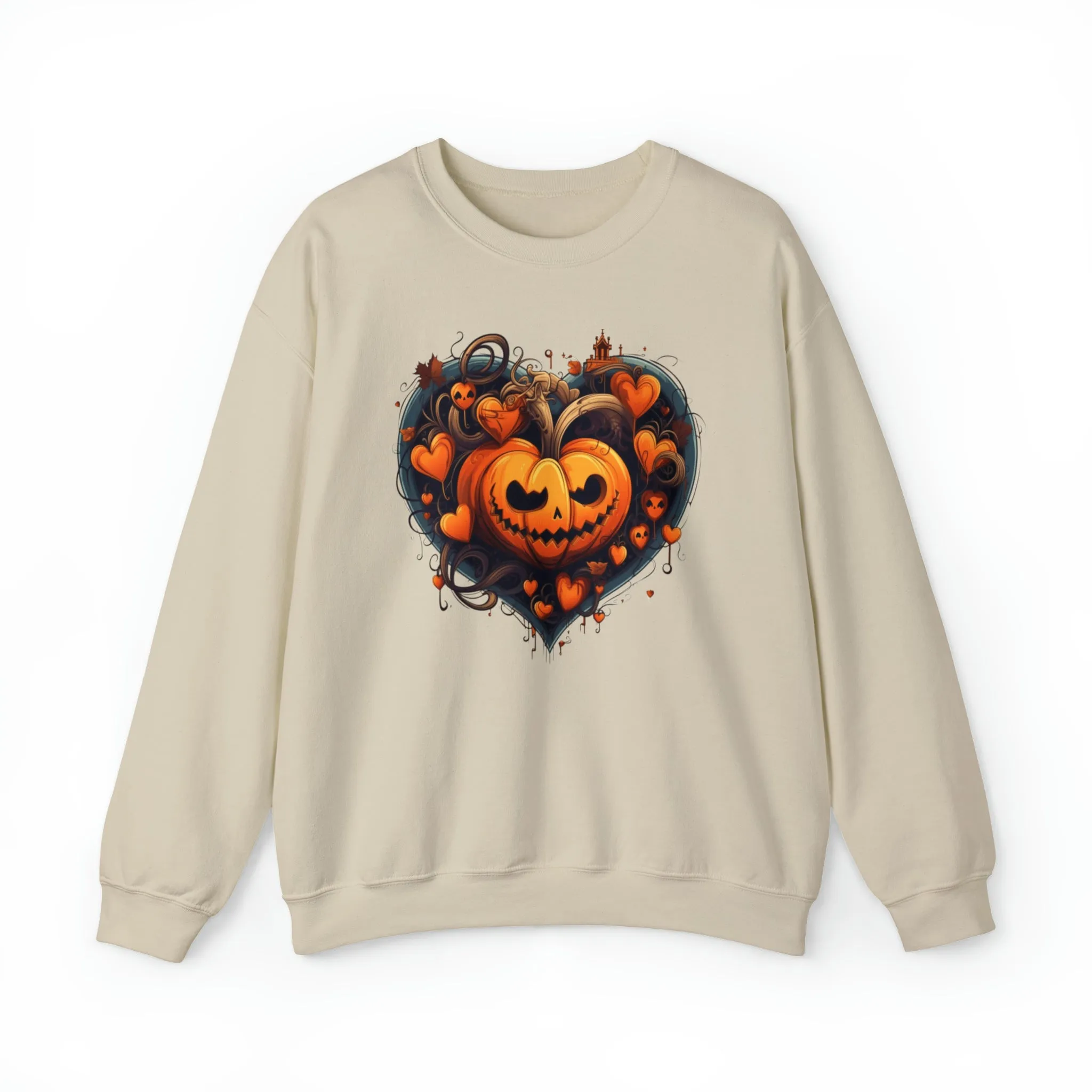 Halloween Heart Pumpkin Sweatshirt, Haunted Ghost Pullover, Creepy Halloween Crewneck Sweatshirt, Unisex Heavy Blend Sweatshirt