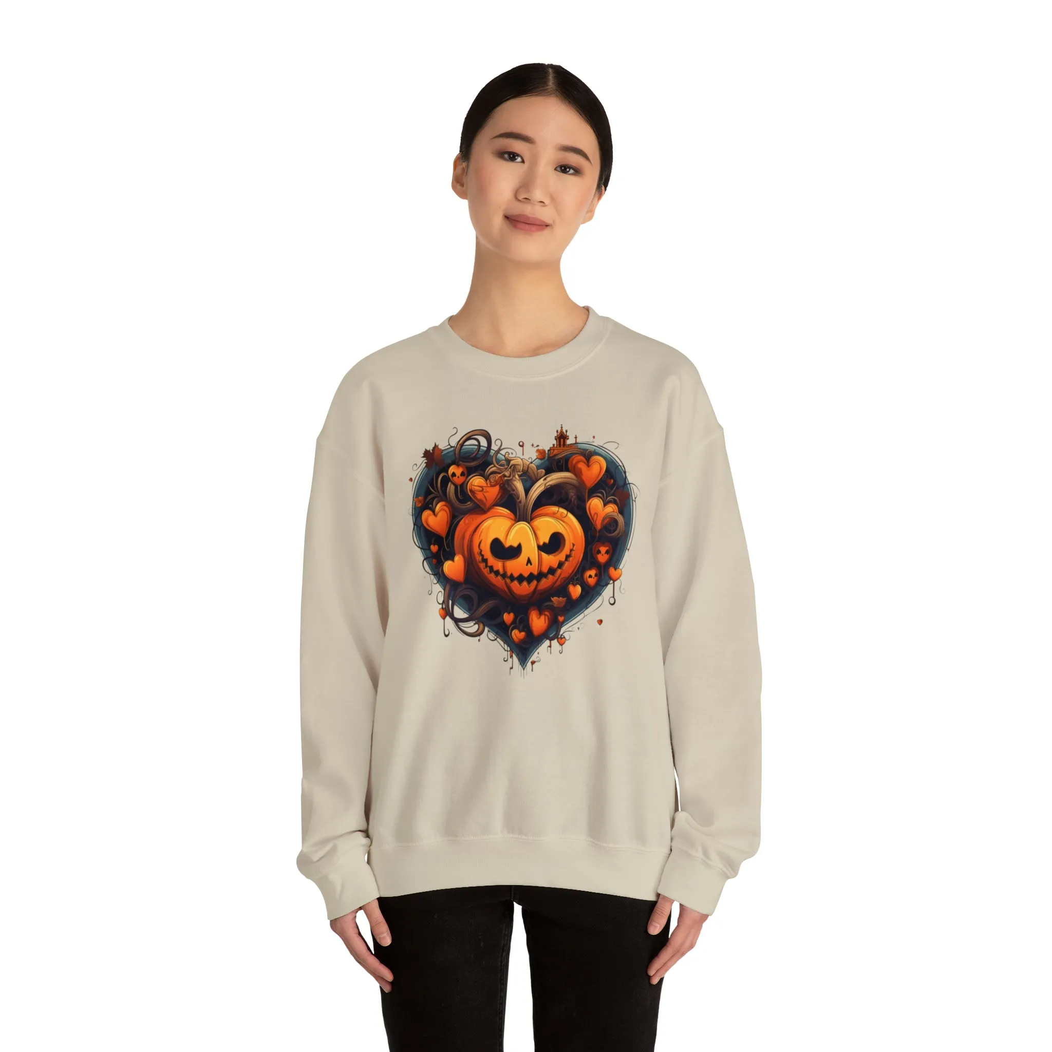 Halloween Heart Pumpkin Sweatshirt, Haunted Ghost Pullover, Creepy Halloween Crewneck Sweatshirt, Unisex Heavy Blend Sweatshirt