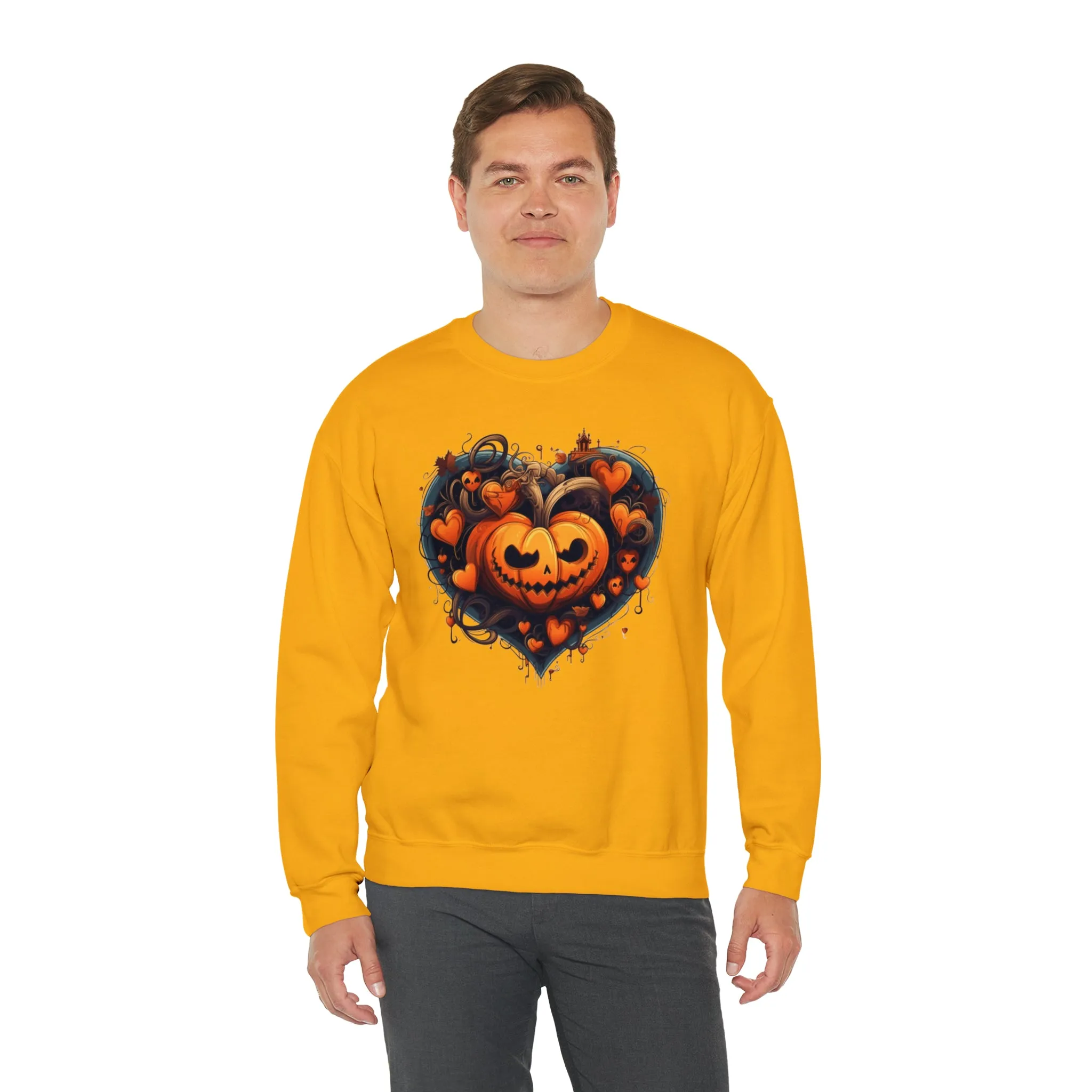 Halloween Heart Pumpkin Sweatshirt, Haunted Ghost Pullover, Creepy Halloween Crewneck Sweatshirt, Unisex Heavy Blend Sweatshirt