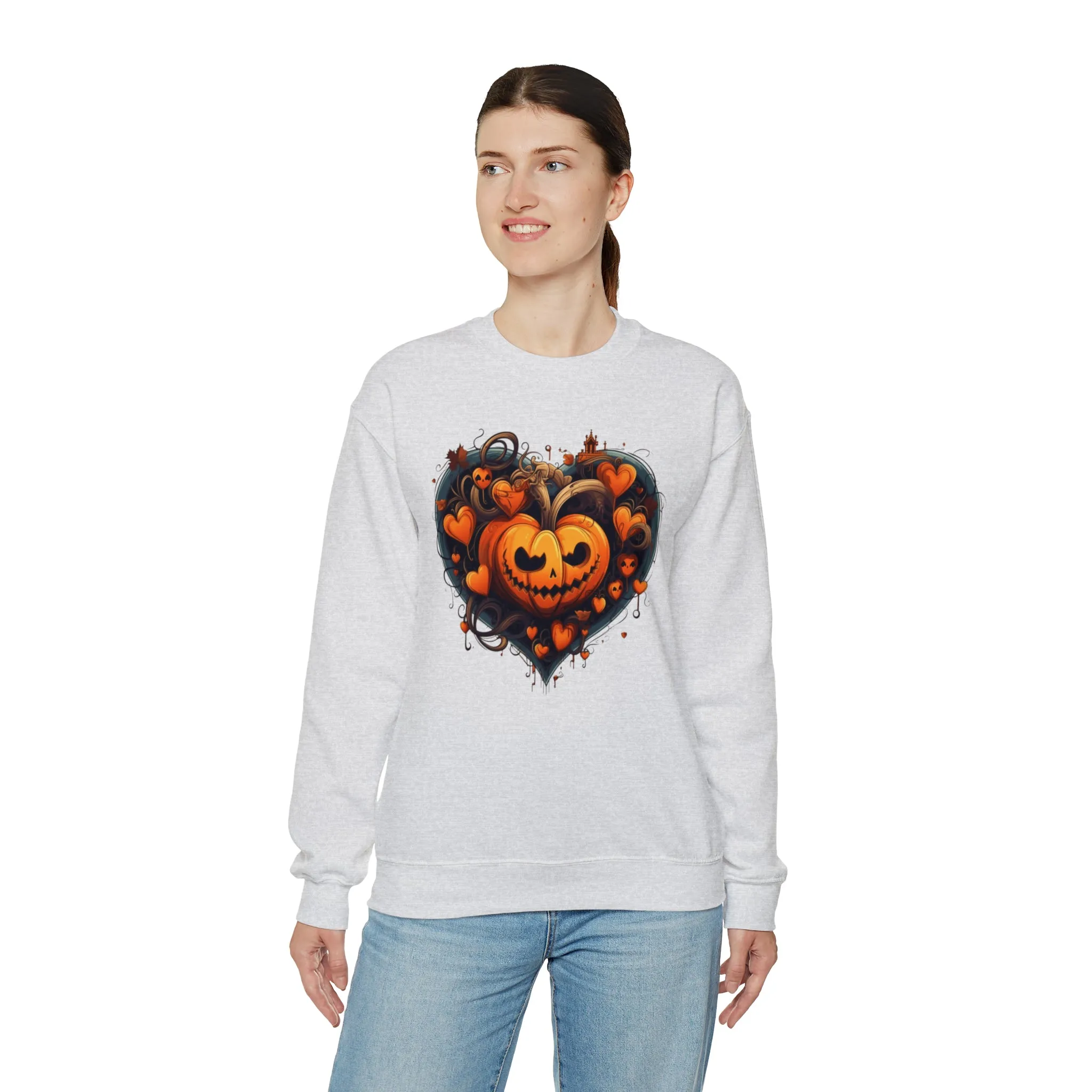 Halloween Heart Pumpkin Sweatshirt, Haunted Ghost Pullover, Creepy Halloween Crewneck Sweatshirt, Unisex Heavy Blend Sweatshirt