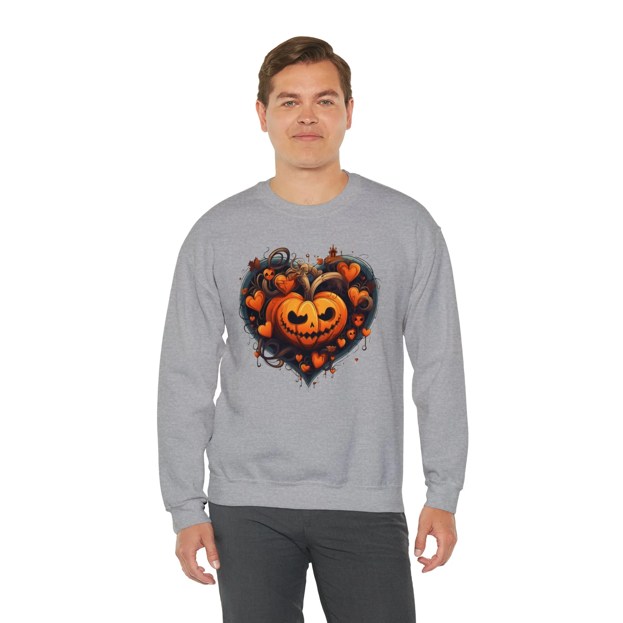 Halloween Heart Pumpkin Sweatshirt, Haunted Ghost Pullover, Creepy Halloween Crewneck Sweatshirt, Unisex Heavy Blend Sweatshirt
