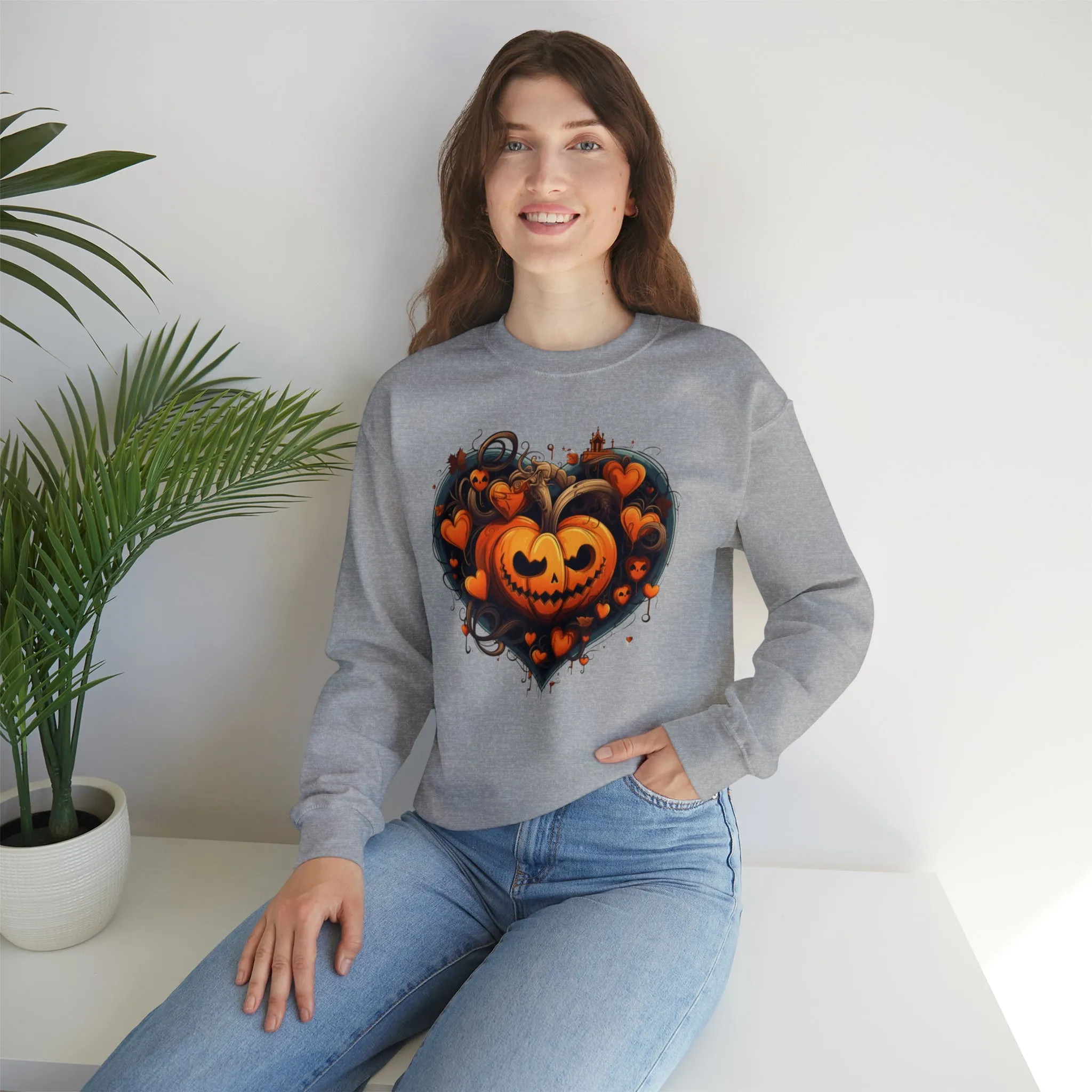 Halloween Heart Pumpkin Sweatshirt, Haunted Ghost Pullover, Creepy Halloween Crewneck Sweatshirt, Unisex Heavy Blend Sweatshirt