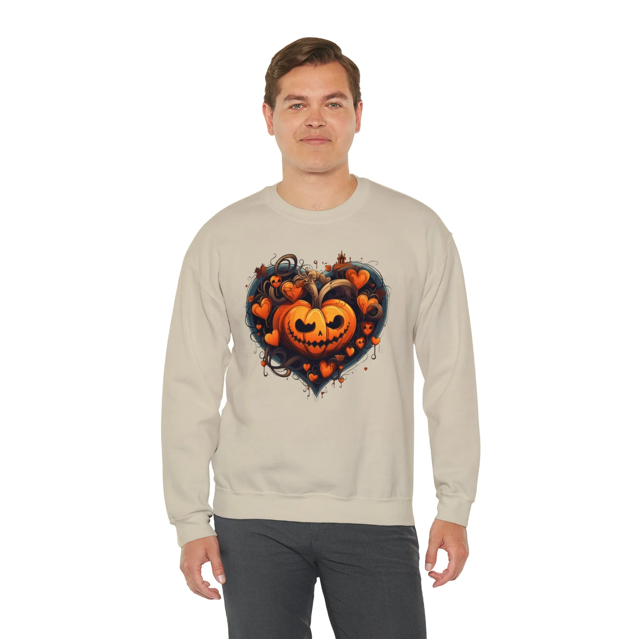 Halloween Heart Pumpkin Sweatshirt, Haunted Ghost Pullover, Creepy Halloween Crewneck Sweatshirt, Unisex Heavy Blend Sweatshirt