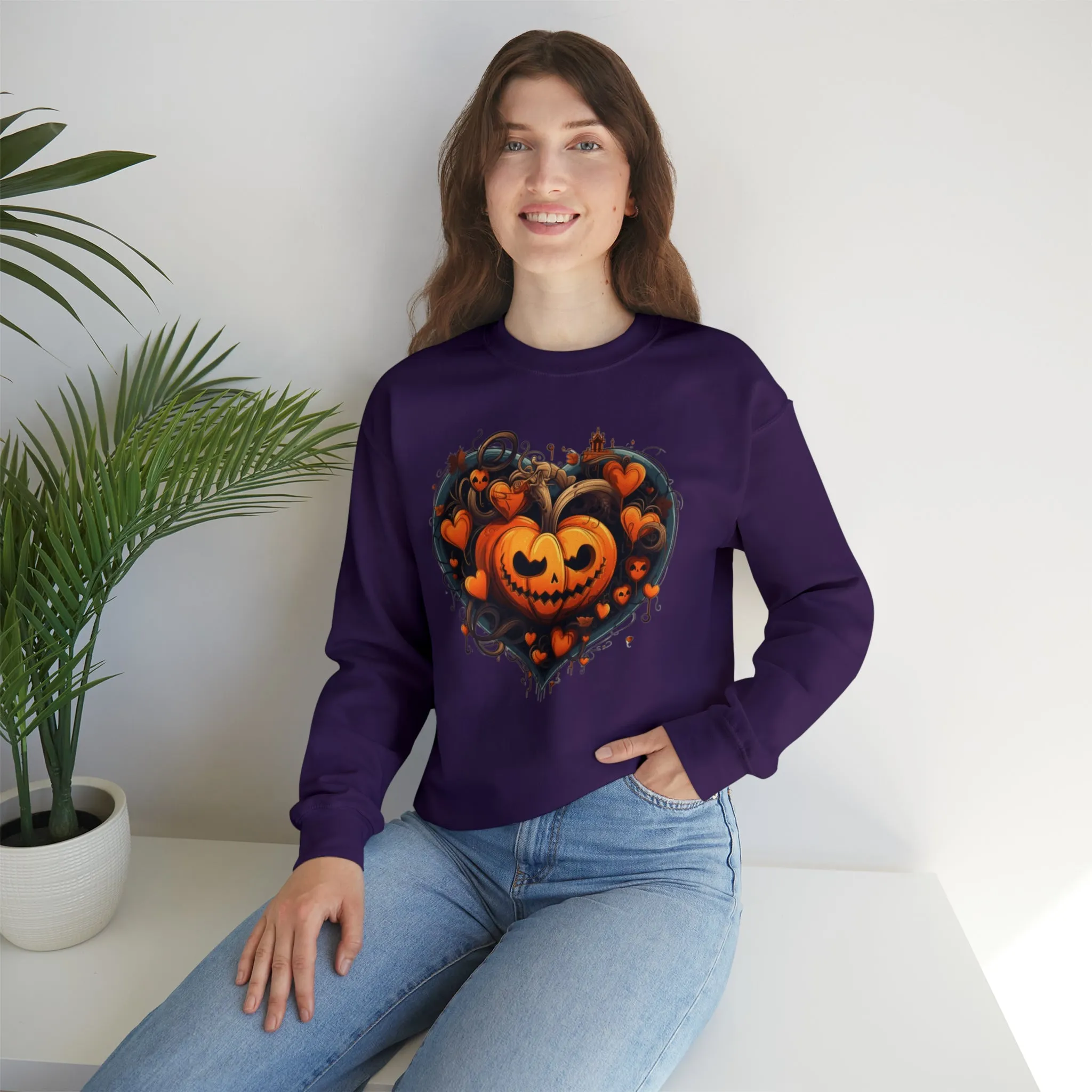 Halloween Heart Pumpkin Sweatshirt, Haunted Ghost Pullover, Creepy Halloween Crewneck Sweatshirt, Unisex Heavy Blend Sweatshirt