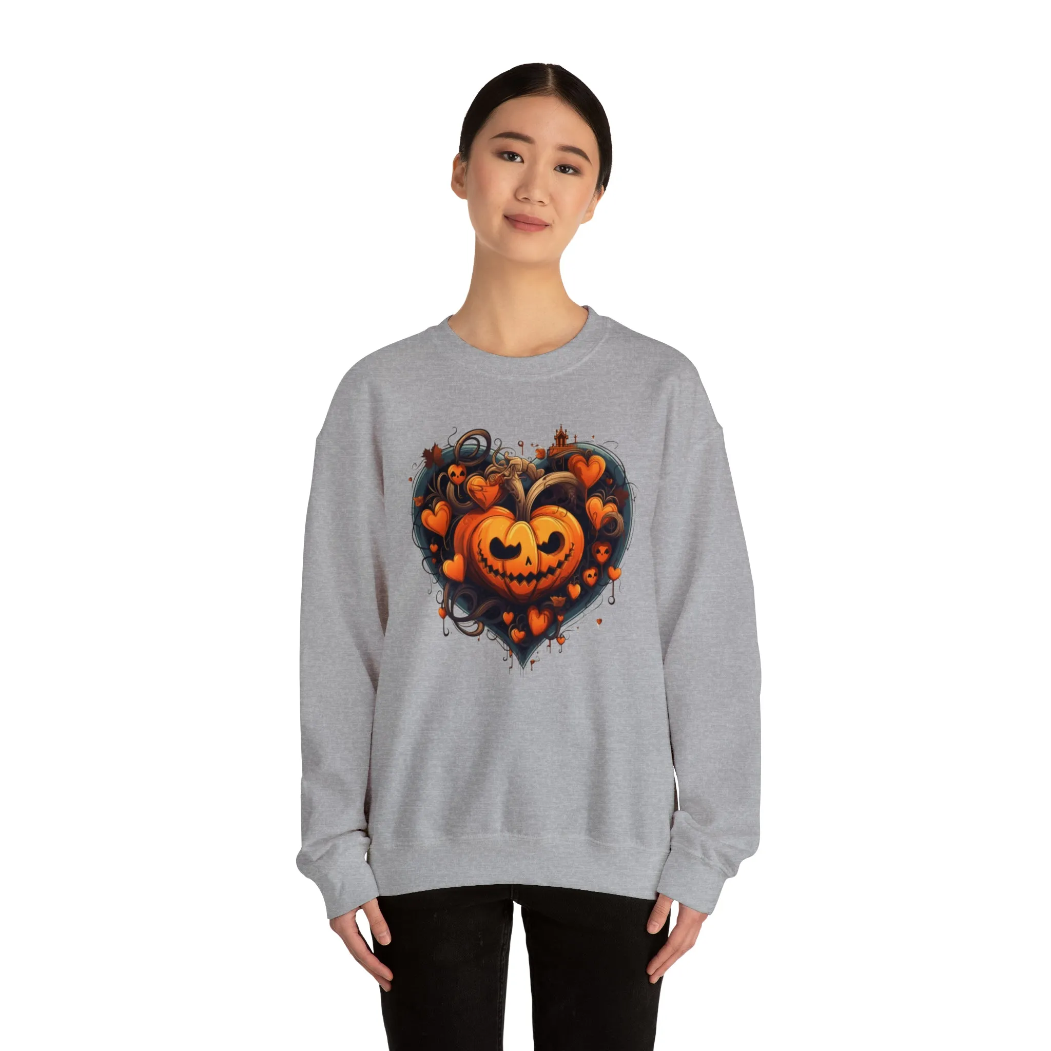 Halloween Heart Pumpkin Sweatshirt, Haunted Ghost Pullover, Creepy Halloween Crewneck Sweatshirt, Unisex Heavy Blend Sweatshirt