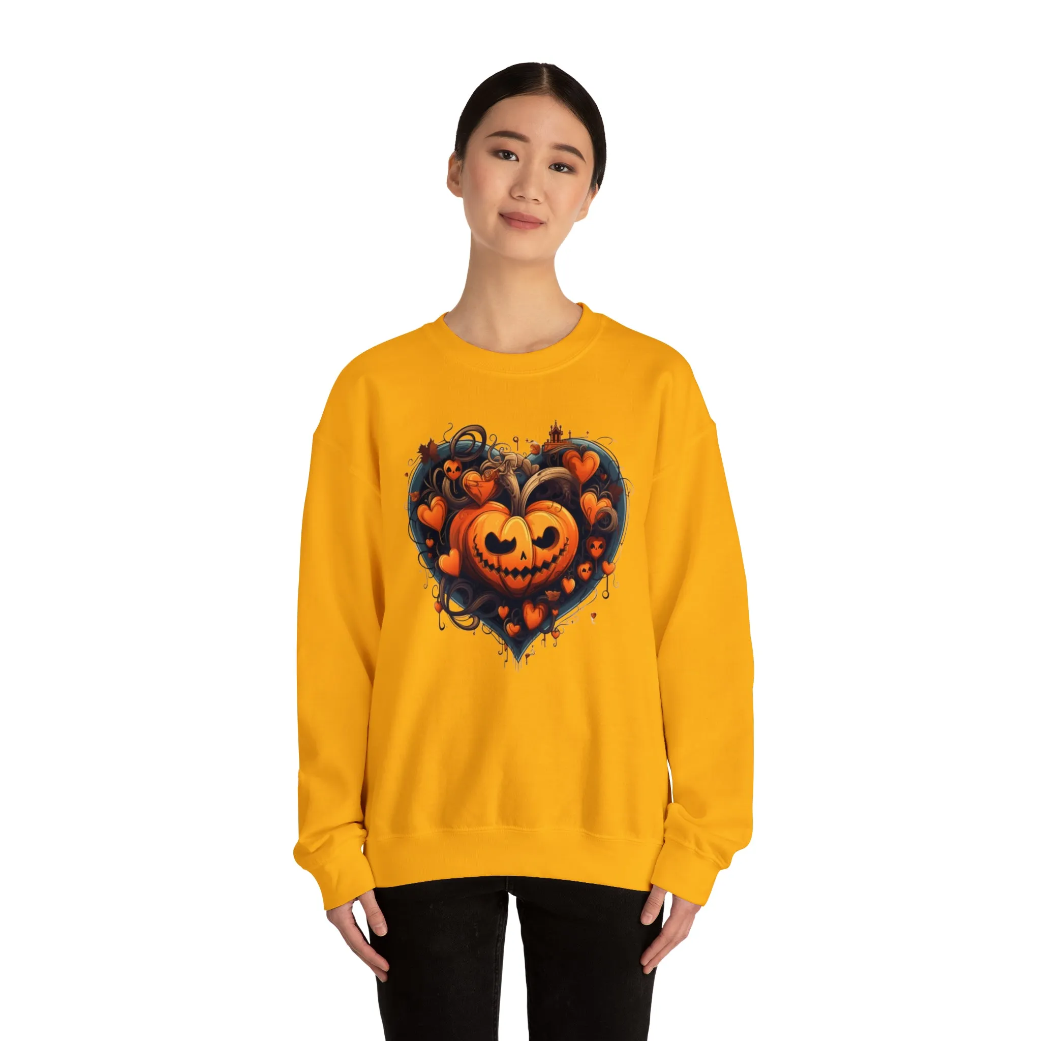 Halloween Heart Pumpkin Sweatshirt, Haunted Ghost Pullover, Creepy Halloween Crewneck Sweatshirt, Unisex Heavy Blend Sweatshirt