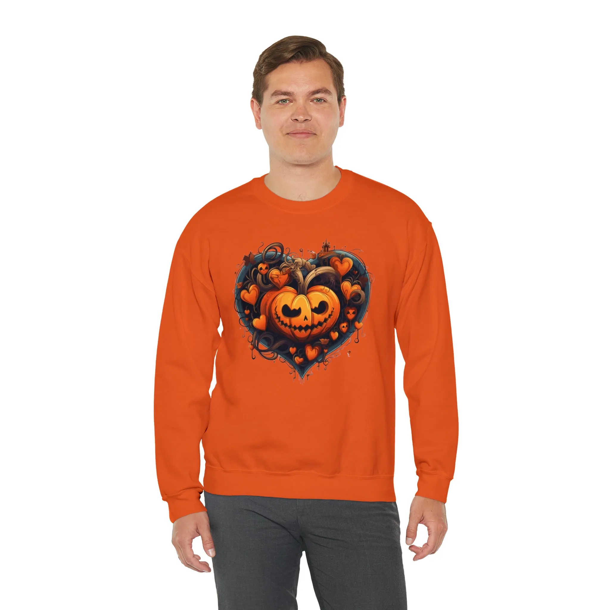 Halloween Heart Pumpkin Sweatshirt, Haunted Ghost Pullover, Creepy Halloween Crewneck Sweatshirt, Unisex Heavy Blend Sweatshirt