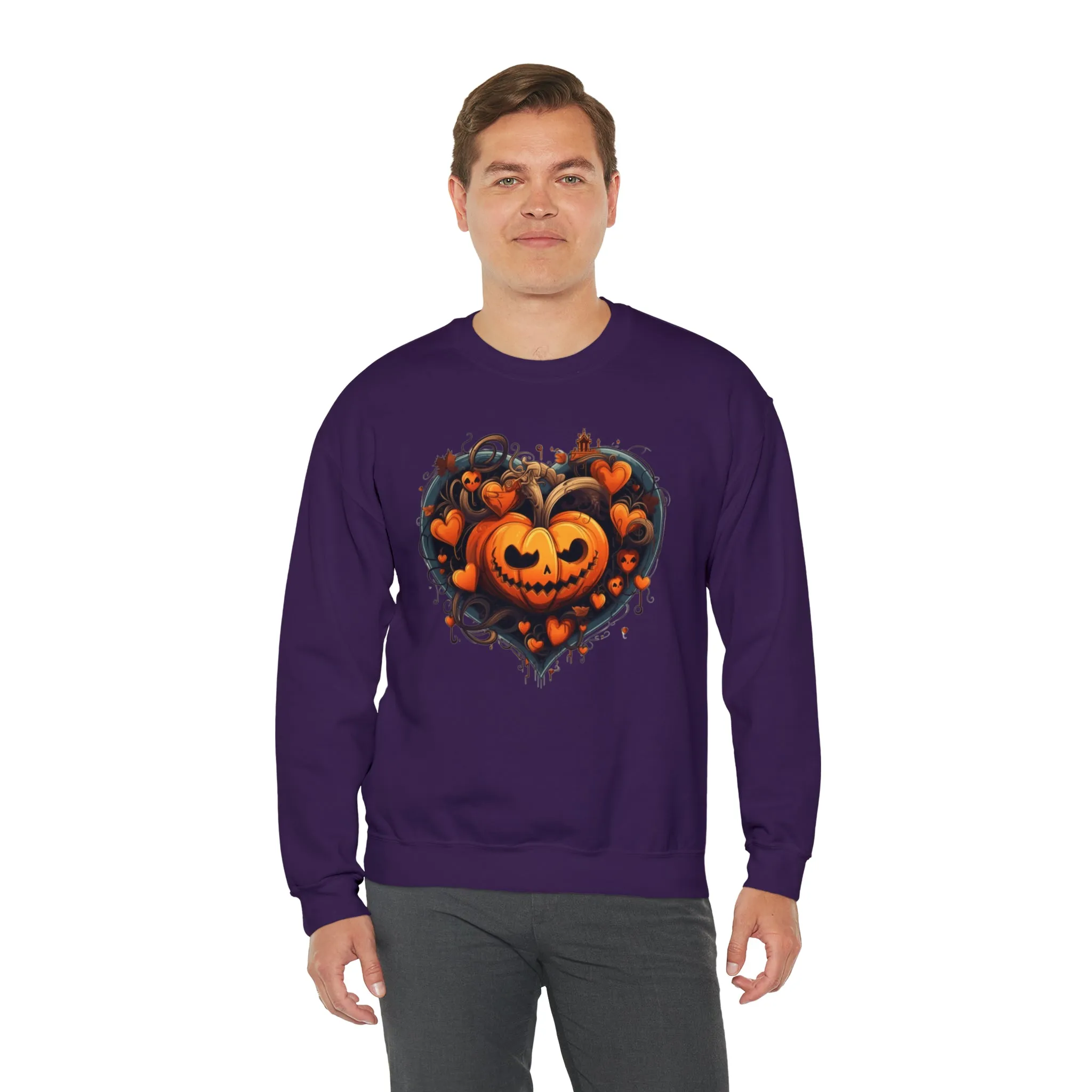 Halloween Heart Pumpkin Sweatshirt, Haunted Ghost Pullover, Creepy Halloween Crewneck Sweatshirt, Unisex Heavy Blend Sweatshirt