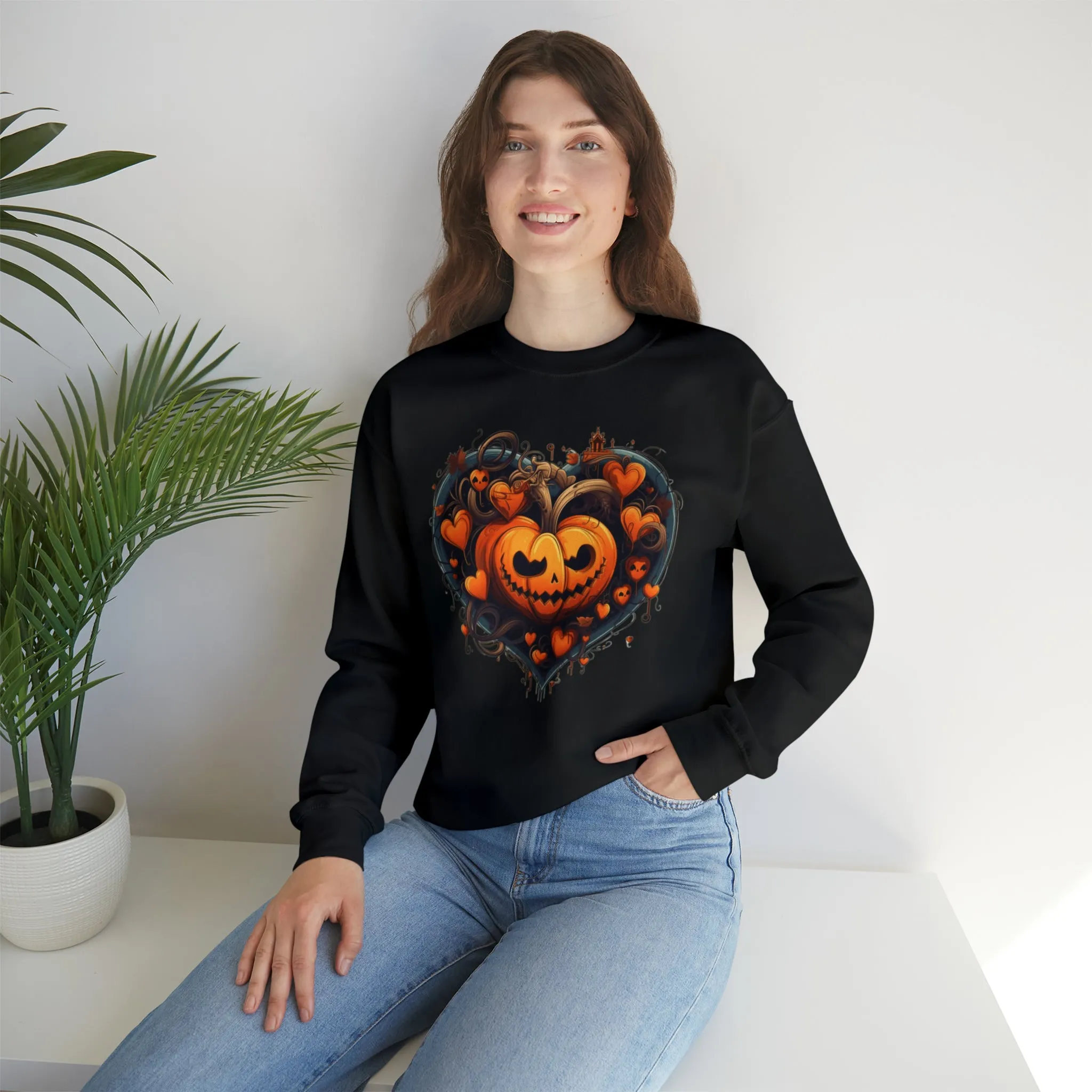 Halloween Heart Pumpkin Sweatshirt, Haunted Ghost Pullover, Creepy Halloween Crewneck Sweatshirt, Unisex Heavy Blend Sweatshirt