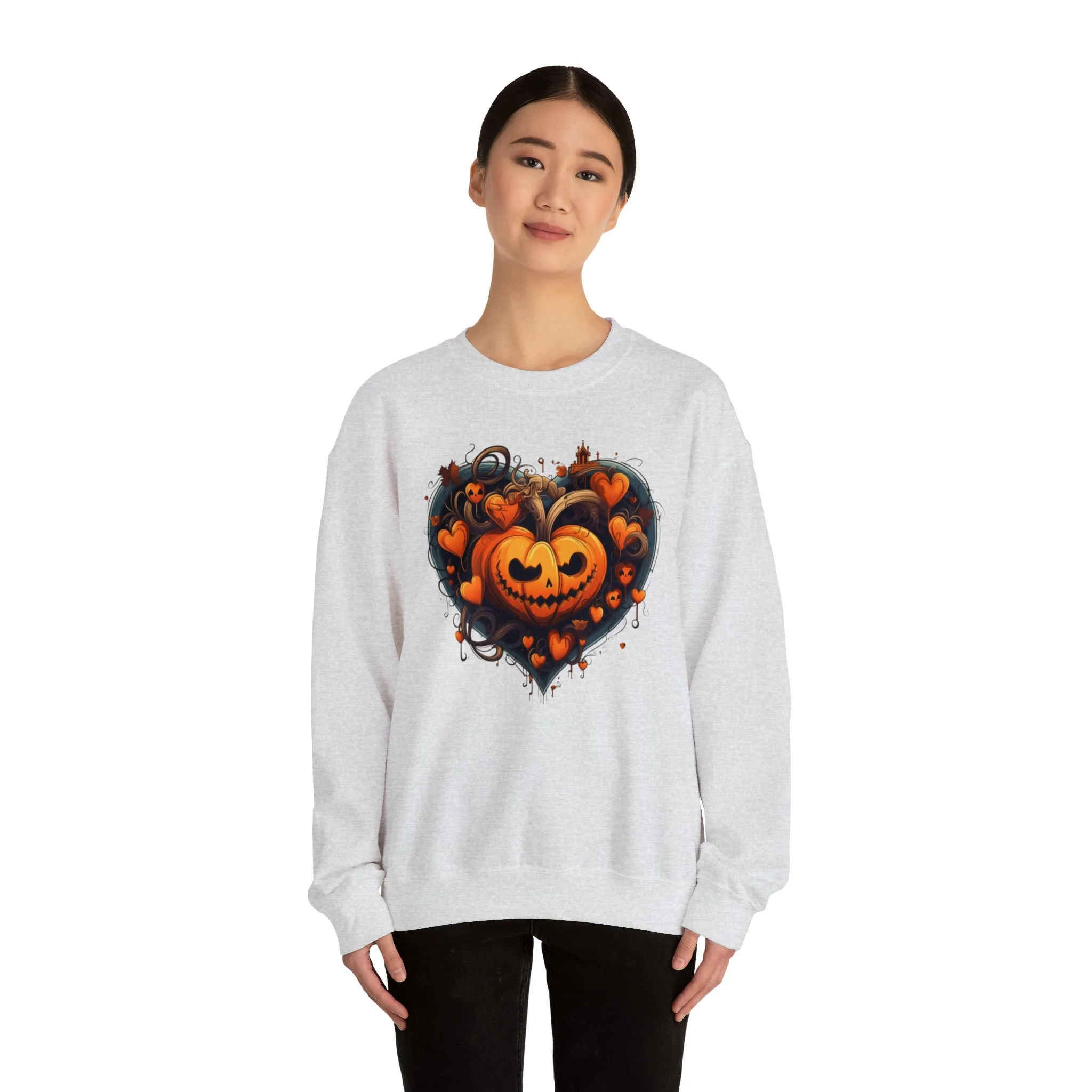 Halloween Heart Pumpkin Sweatshirt, Haunted Ghost Pullover, Creepy Halloween Crewneck Sweatshirt, Unisex Heavy Blend Sweatshirt