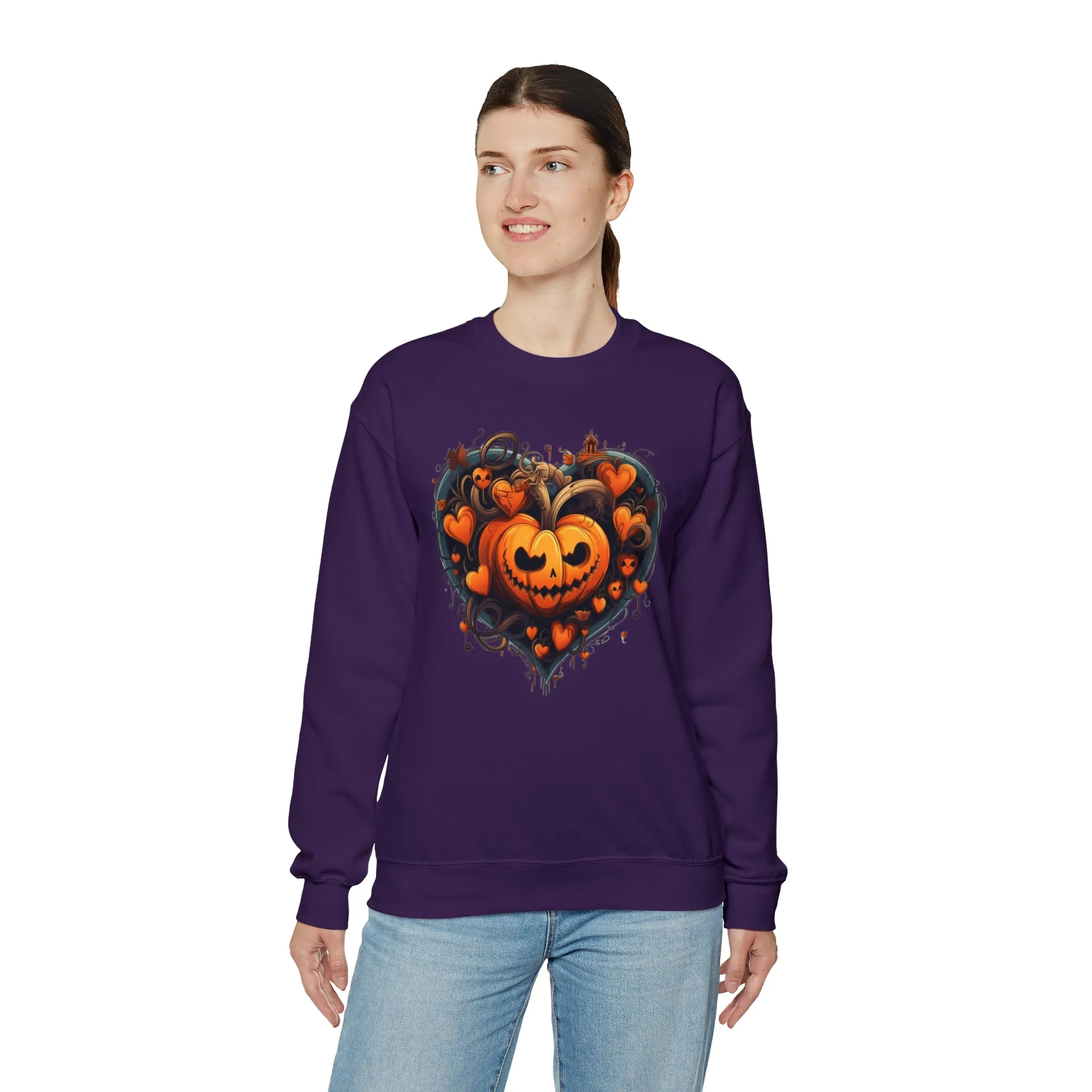 Halloween Heart Pumpkin Sweatshirt, Haunted Ghost Pullover, Creepy Halloween Crewneck Sweatshirt, Unisex Heavy Blend Sweatshirt
