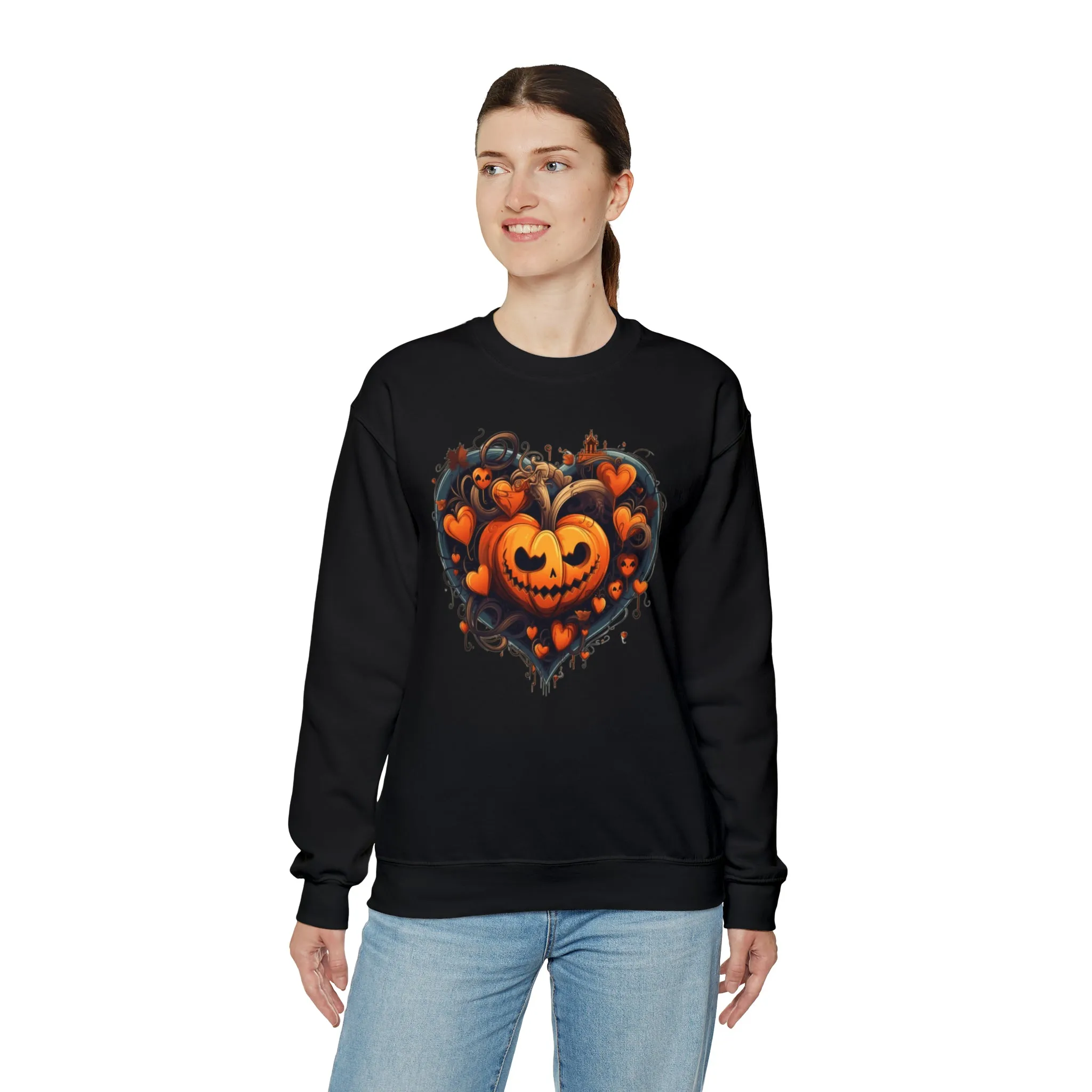 Halloween Heart Pumpkin Sweatshirt, Haunted Ghost Pullover, Creepy Halloween Crewneck Sweatshirt, Unisex Heavy Blend Sweatshirt