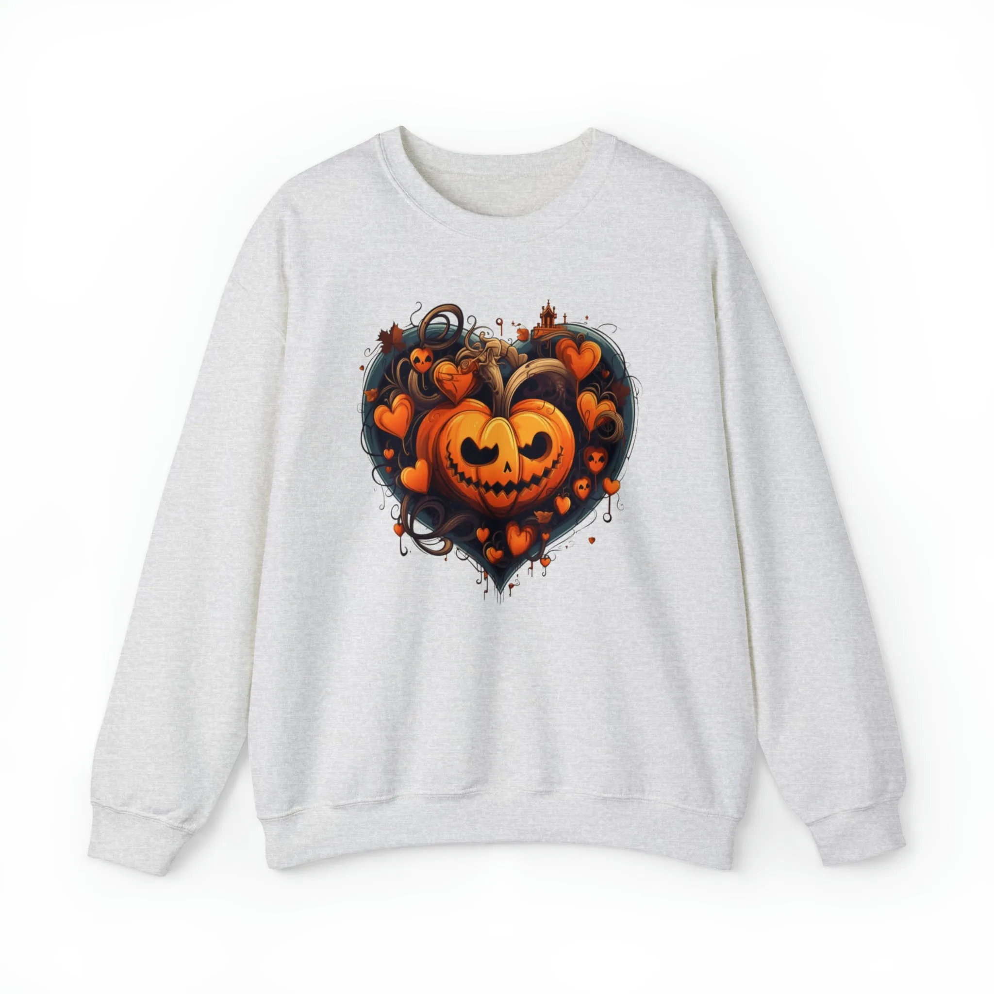 Halloween Heart Pumpkin Sweatshirt, Haunted Ghost Pullover, Creepy Halloween Crewneck Sweatshirt, Unisex Heavy Blend Sweatshirt