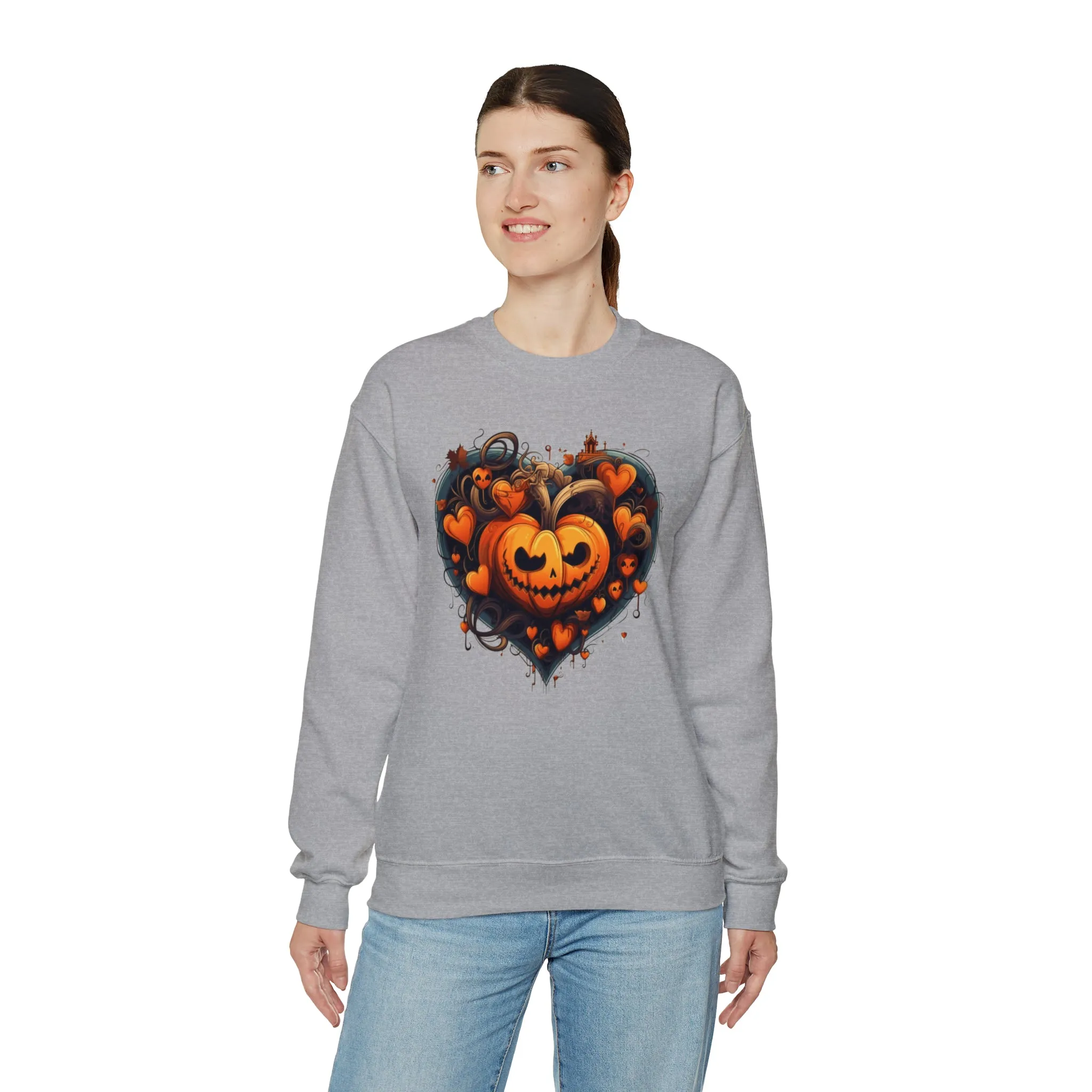 Halloween Heart Pumpkin Sweatshirt, Haunted Ghost Pullover, Creepy Halloween Crewneck Sweatshirt, Unisex Heavy Blend Sweatshirt