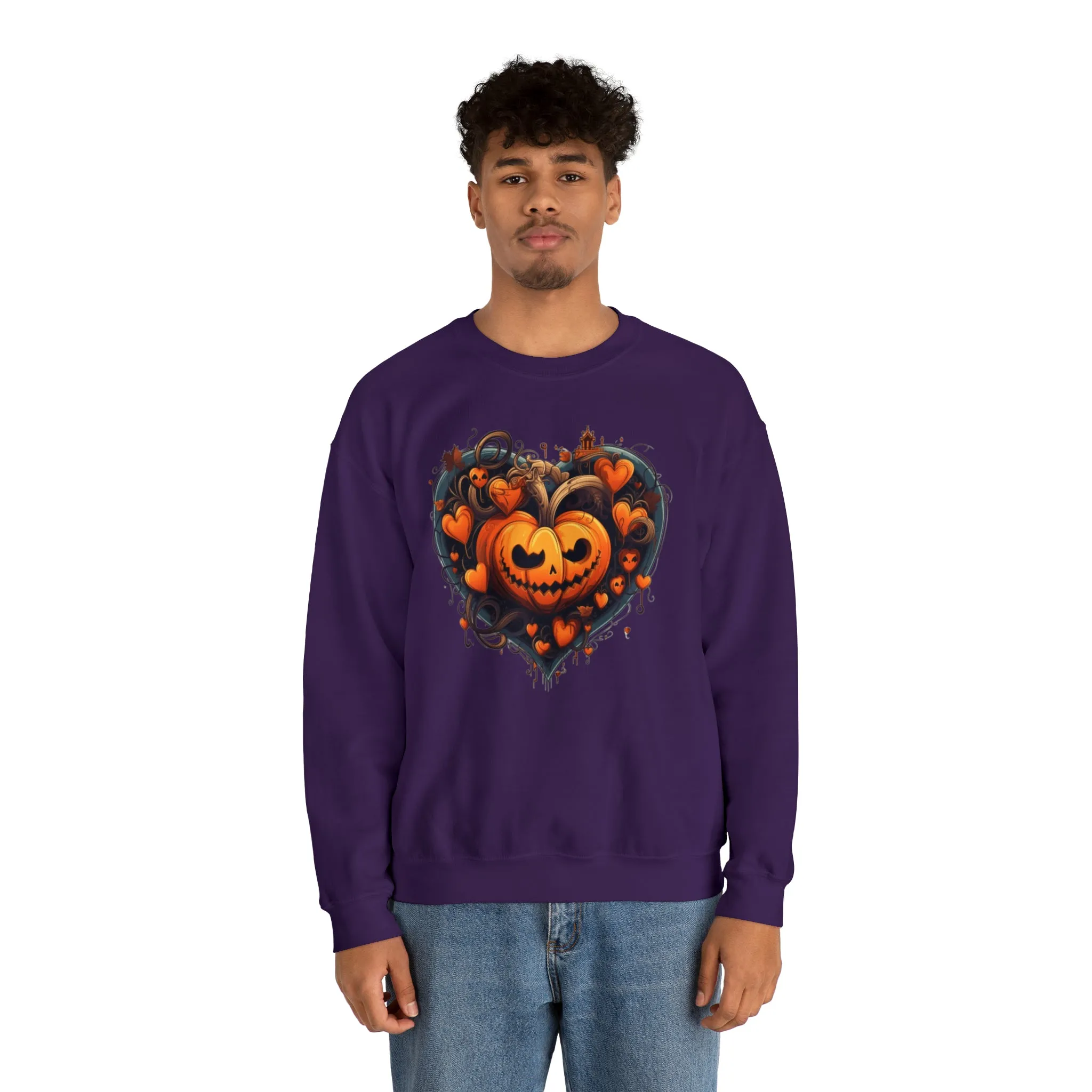 Halloween Heart Pumpkin Sweatshirt, Haunted Ghost Pullover, Creepy Halloween Crewneck Sweatshirt, Unisex Heavy Blend Sweatshirt