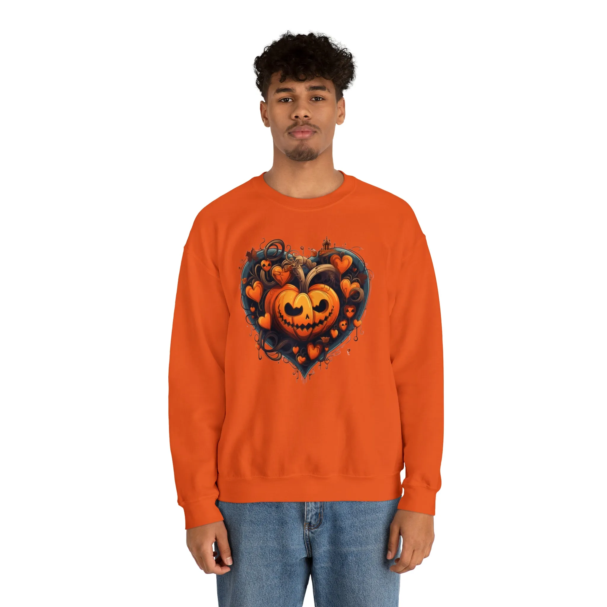 Halloween Heart Pumpkin Sweatshirt, Haunted Ghost Pullover, Creepy Halloween Crewneck Sweatshirt, Unisex Heavy Blend Sweatshirt