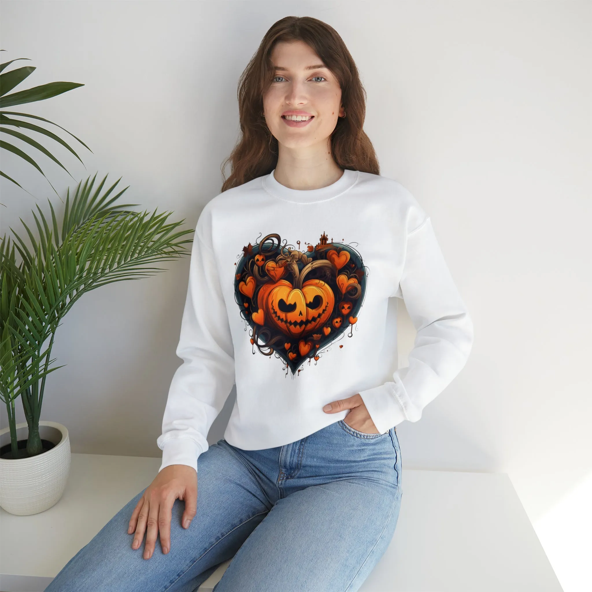 Halloween Heart Pumpkin Sweatshirt, Haunted Ghost Pullover, Creepy Halloween Crewneck Sweatshirt, Unisex Heavy Blend Sweatshirt