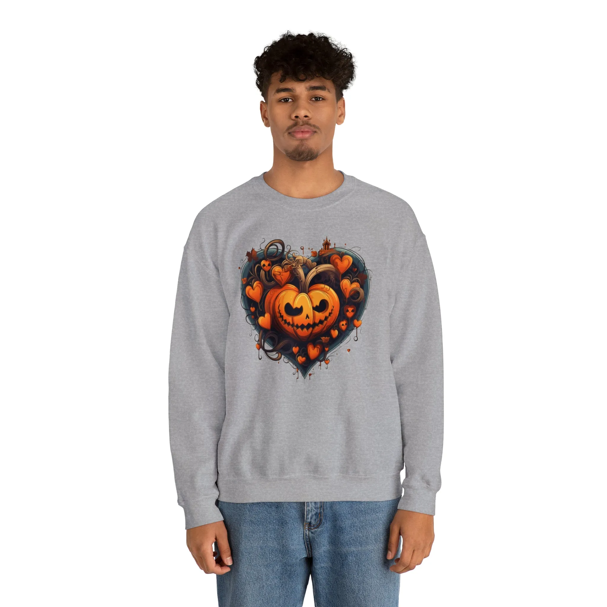 Halloween Heart Pumpkin Sweatshirt, Haunted Ghost Pullover, Creepy Halloween Crewneck Sweatshirt, Unisex Heavy Blend Sweatshirt