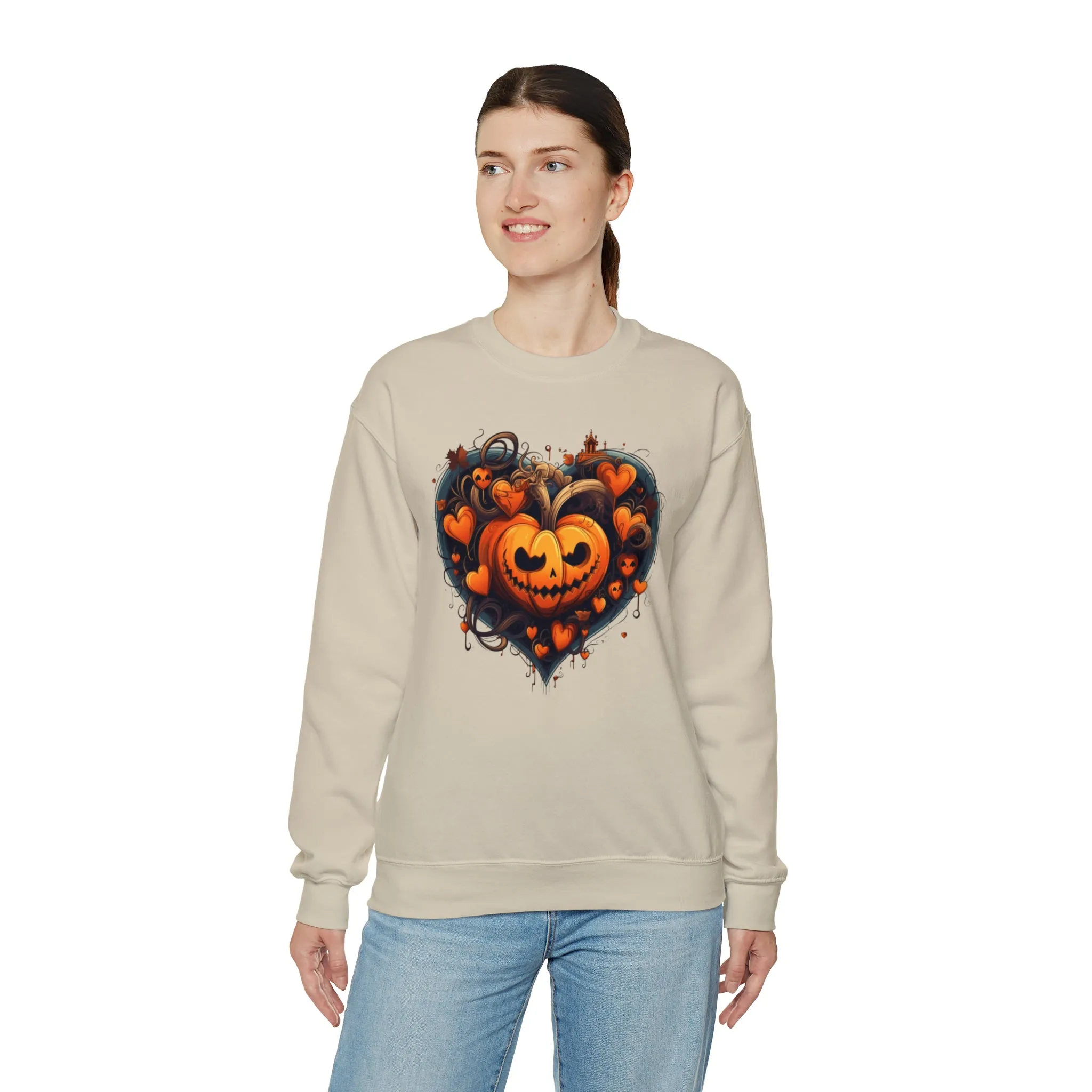 Halloween Heart Pumpkin Sweatshirt, Haunted Ghost Pullover, Creepy Halloween Crewneck Sweatshirt, Unisex Heavy Blend Sweatshirt