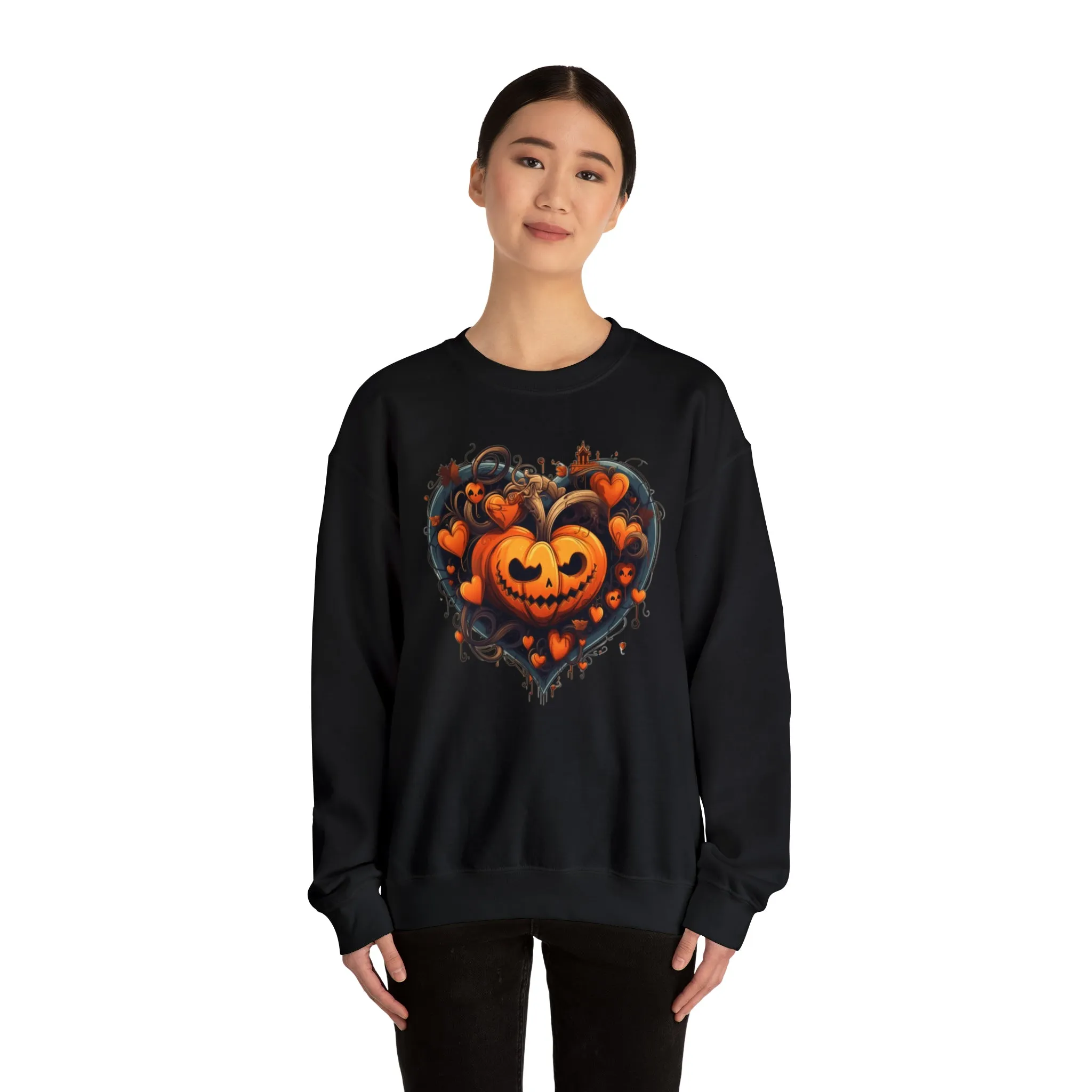 Halloween Heart Pumpkin Sweatshirt, Haunted Ghost Pullover, Creepy Halloween Crewneck Sweatshirt, Unisex Heavy Blend Sweatshirt